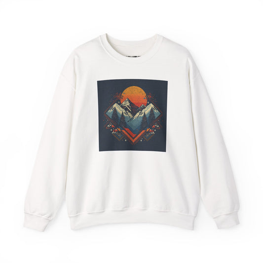 Mountain Sunset Crewneck Sweatshirt — Retro Geometric Peaks Graphic