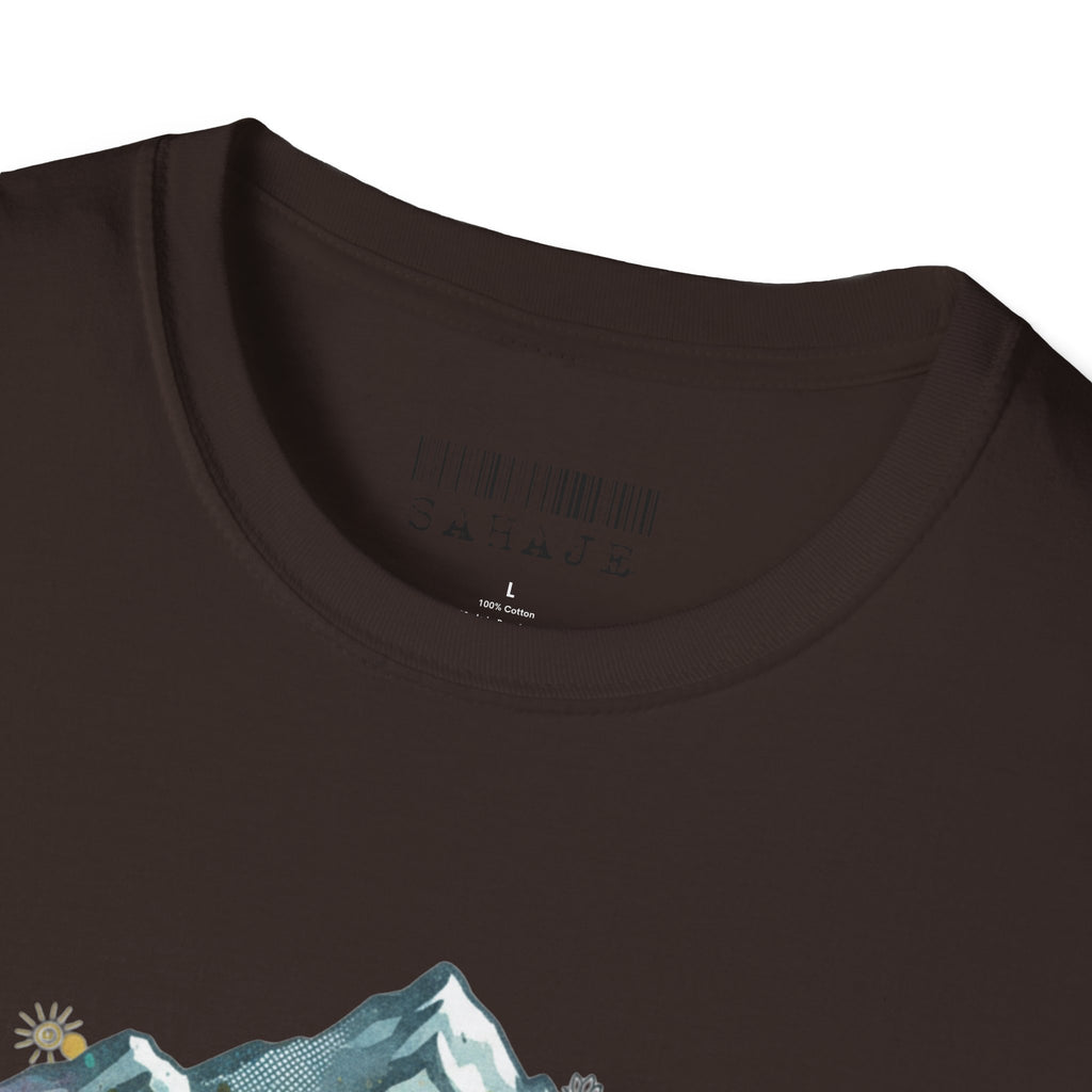 Adventure Compass T-Shirt — Mountain Compass with Prayer Flags & Colorful Globe