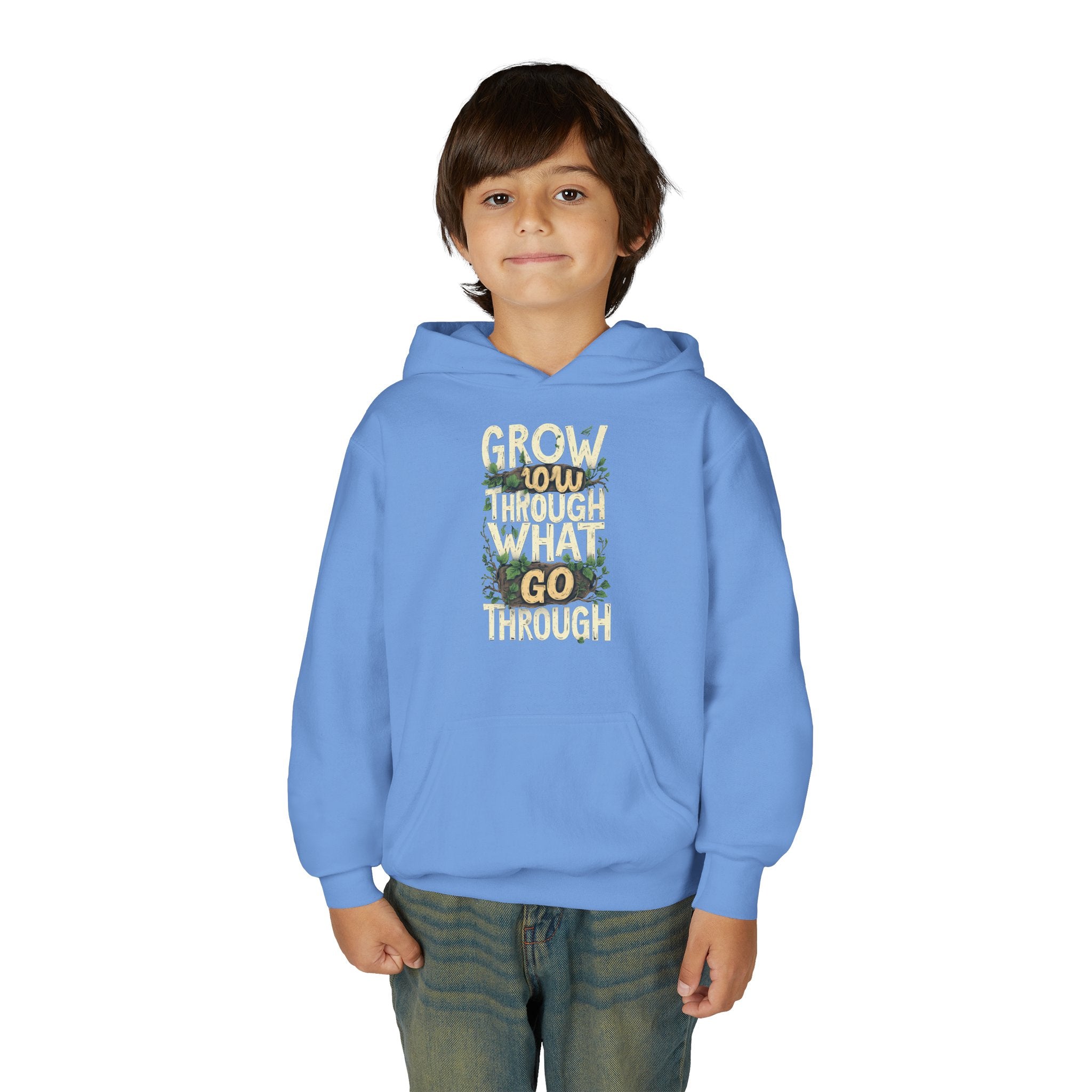 Youth Hoodie — 'Grow Slow, Go Through' Floral Motivational Hooded Sweatshirt