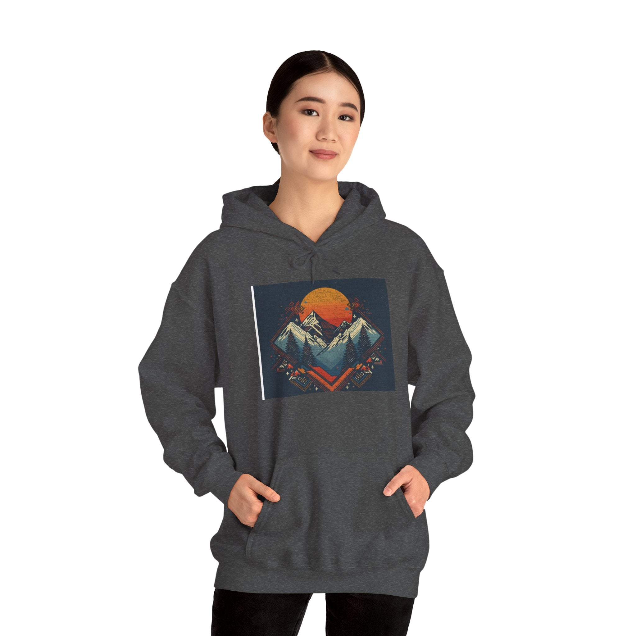 Mountain Sunset Hoodie – Retro Geometric Peaks & Rising Sun Sweatshirt