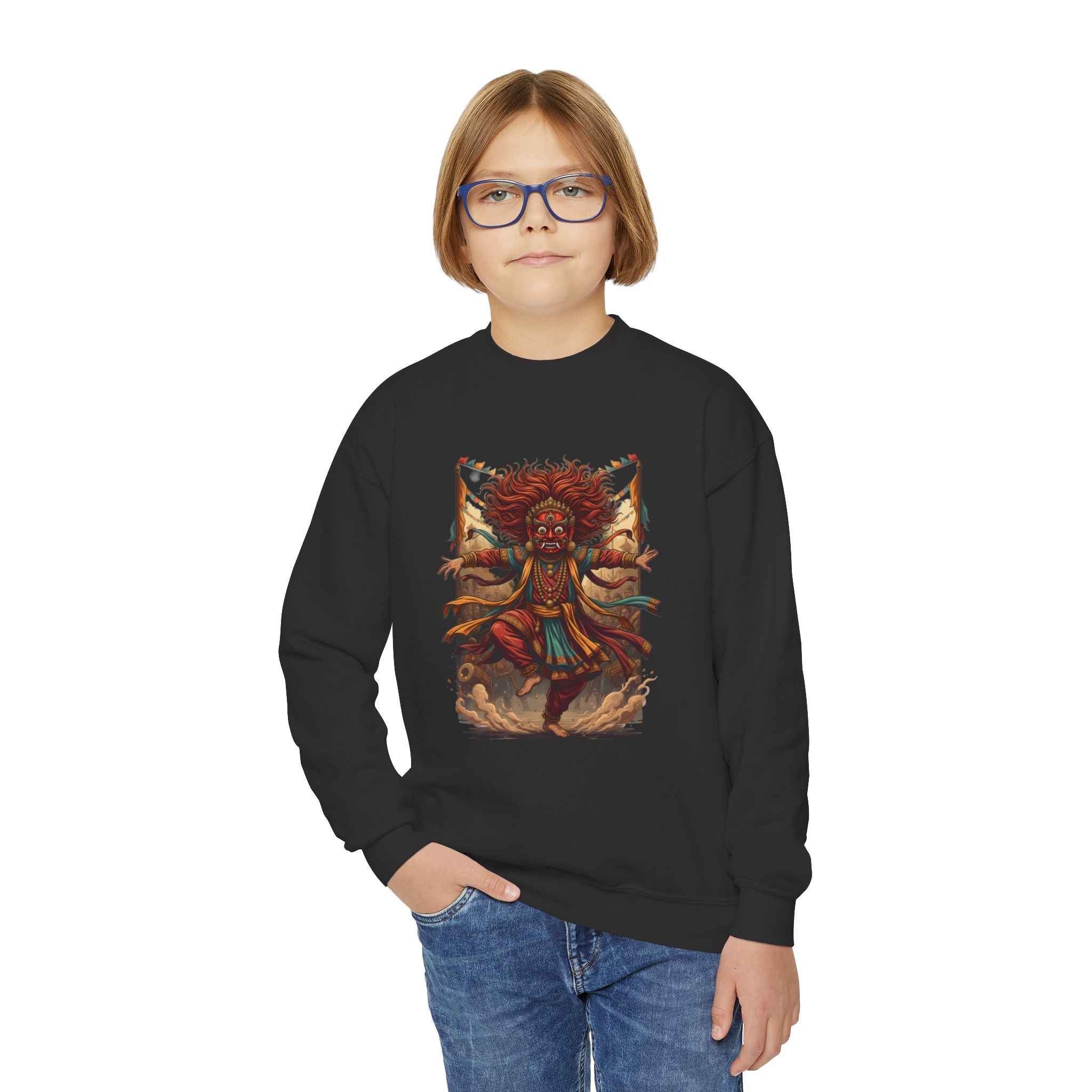 Youth Sweatshirt — Colorful Tribal Dancer Graphic Crewneck