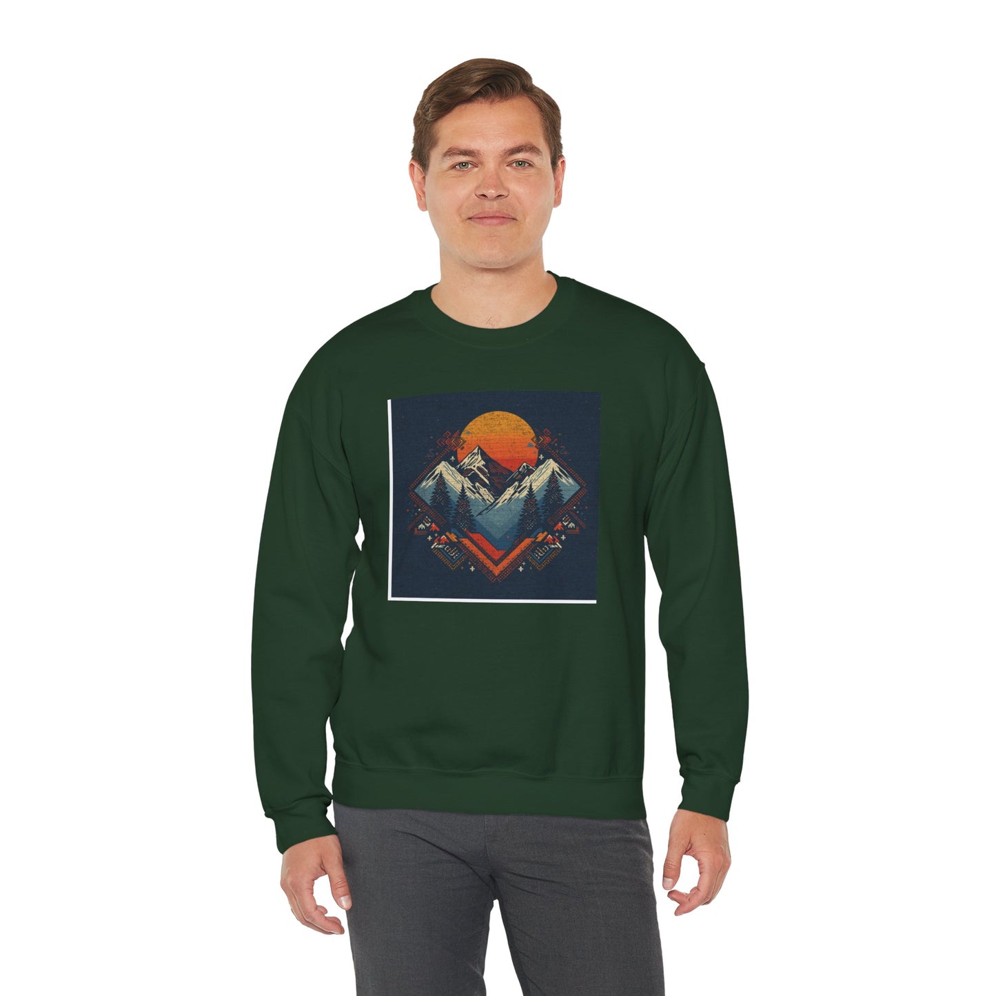 Mountain Sunset Crewneck Sweatshirt — Retro Geometric Peaks Graphic