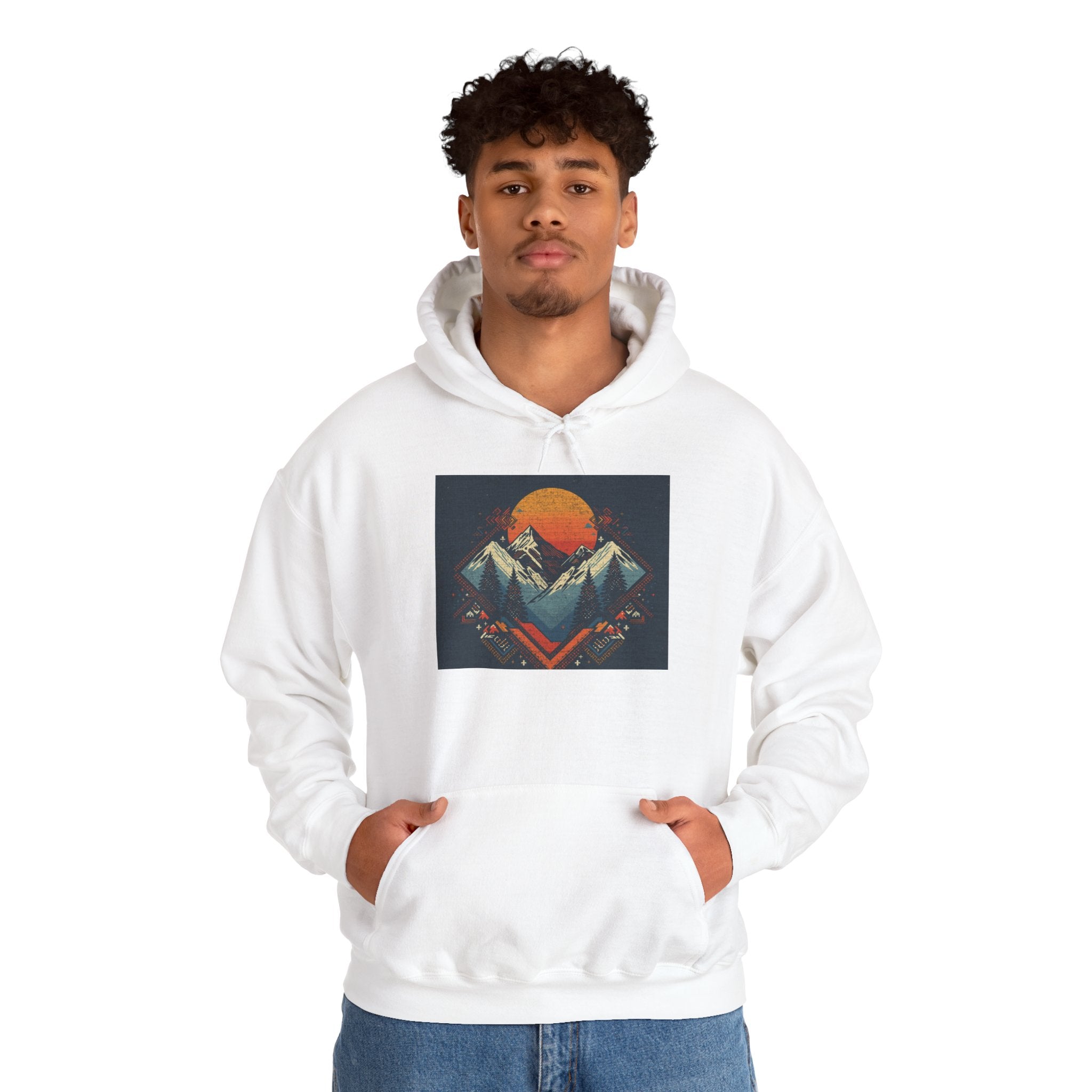 Mountain Sunset Hoodie – Retro Geometric Peaks & Rising Sun Sweatshirt