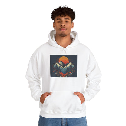 Mountain Sunset Hoodie – Retro Geometric Peaks & Rising Sun Sweatshirt