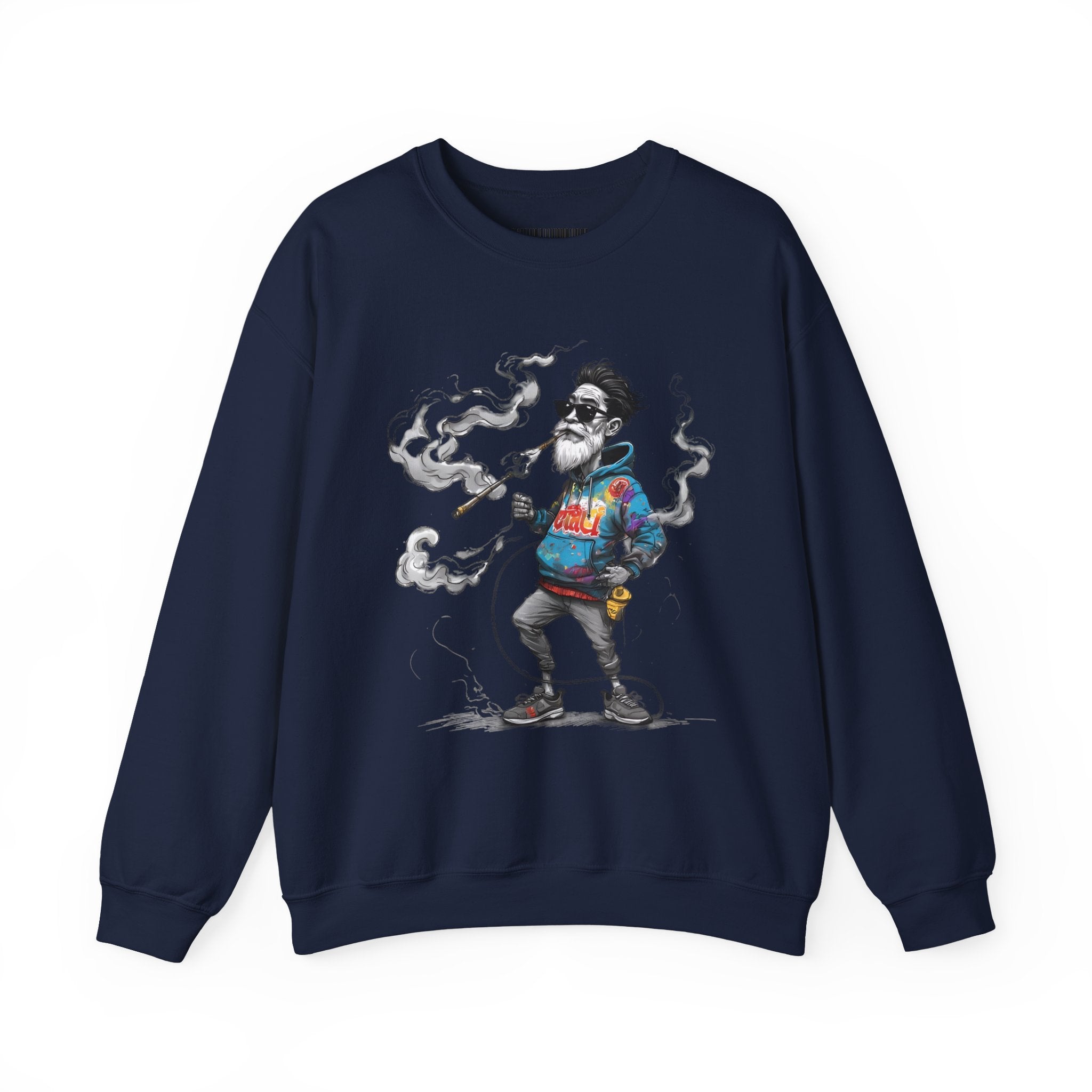 Crewneck Sweatshirt - Retro Cool Grandpa Smoking Pipe Illustration