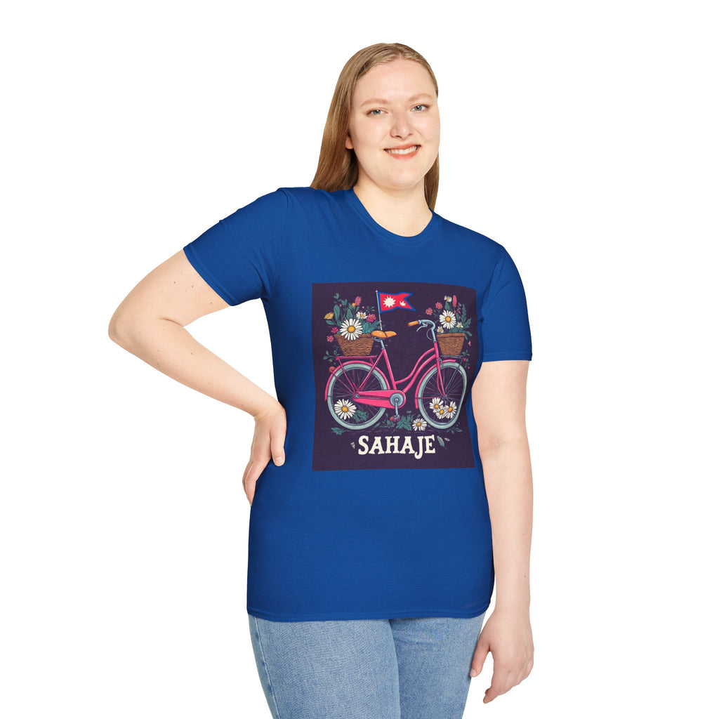 Bicycle Floral T-Shirt – Pink Bike with Baskets & "Sahaje" Text