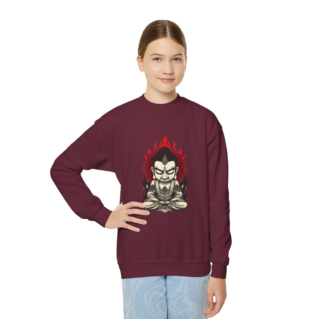 Flaming Meditating Buddha Youth Crewneck Sweatshirt — Zen Graphic Sweater for Kids