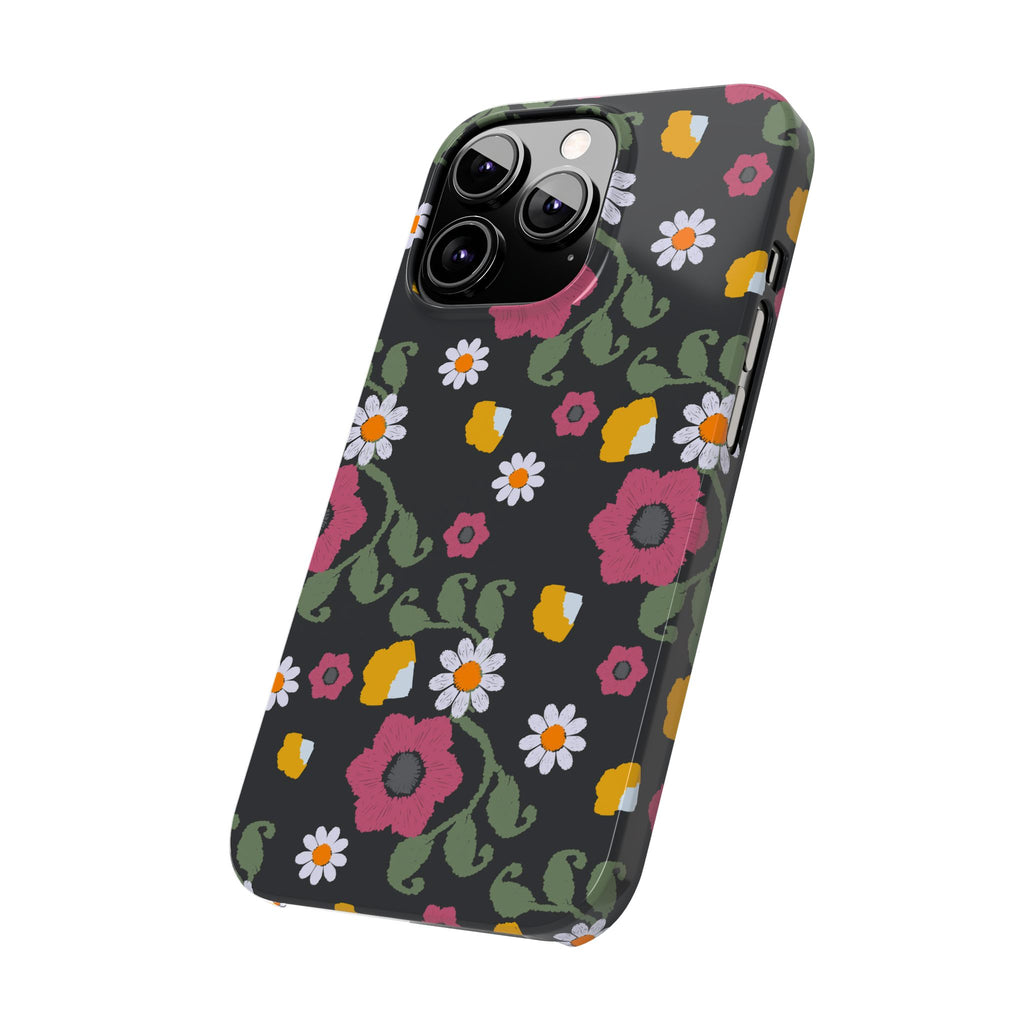 Floral Slim Phone Case, Black Flower Phone Cover, Stylish Phone Accessory, Gift for Her, Trendy Floral Case
