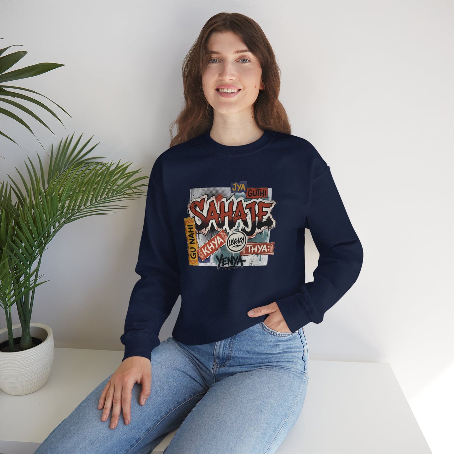 Crewneck Sweatshirt — 'Sahaje' Vintage Sticker Collage Graphic