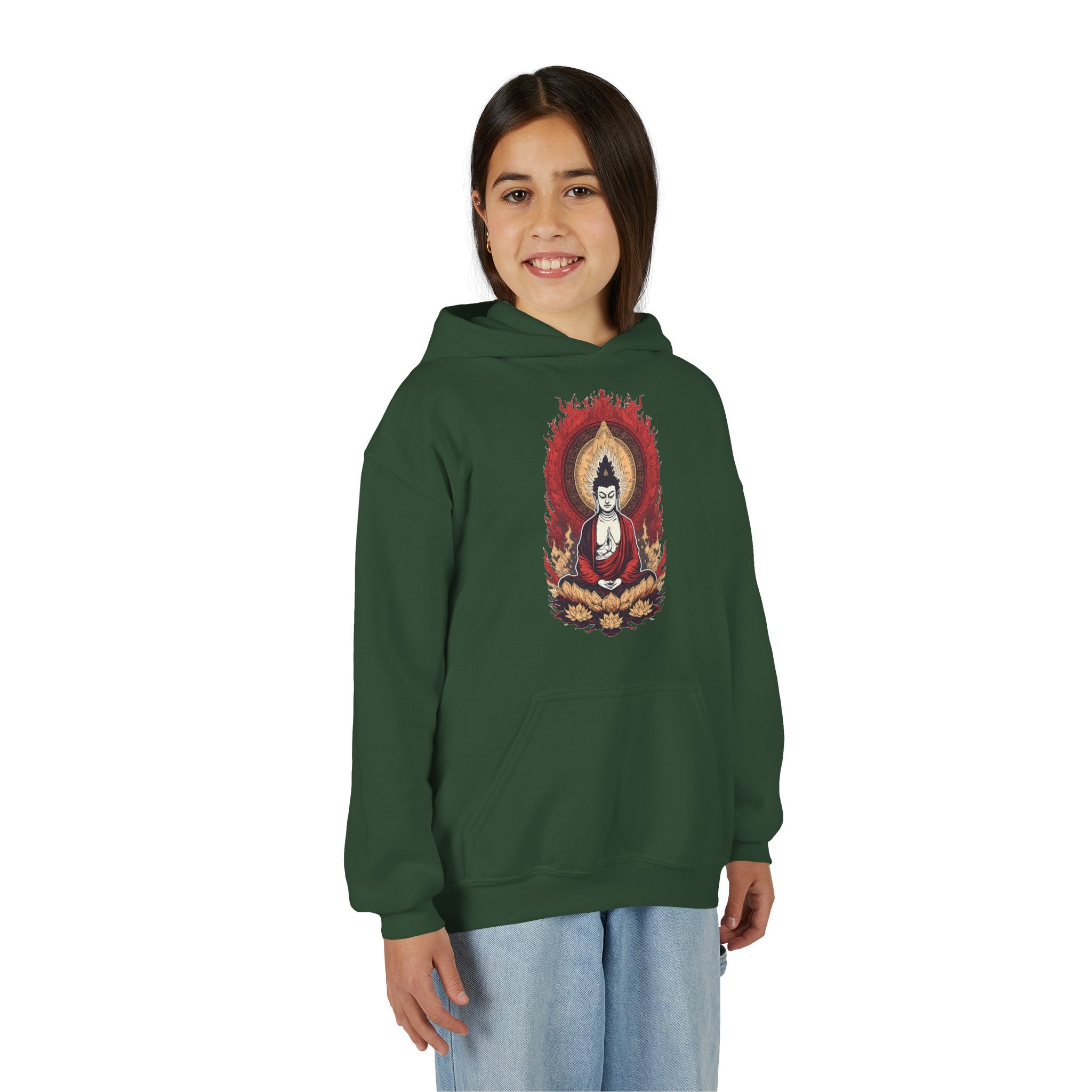 Buddha Flame Youth Hoodie — Meditative Lotus Buddha Graphic Sweatshirt