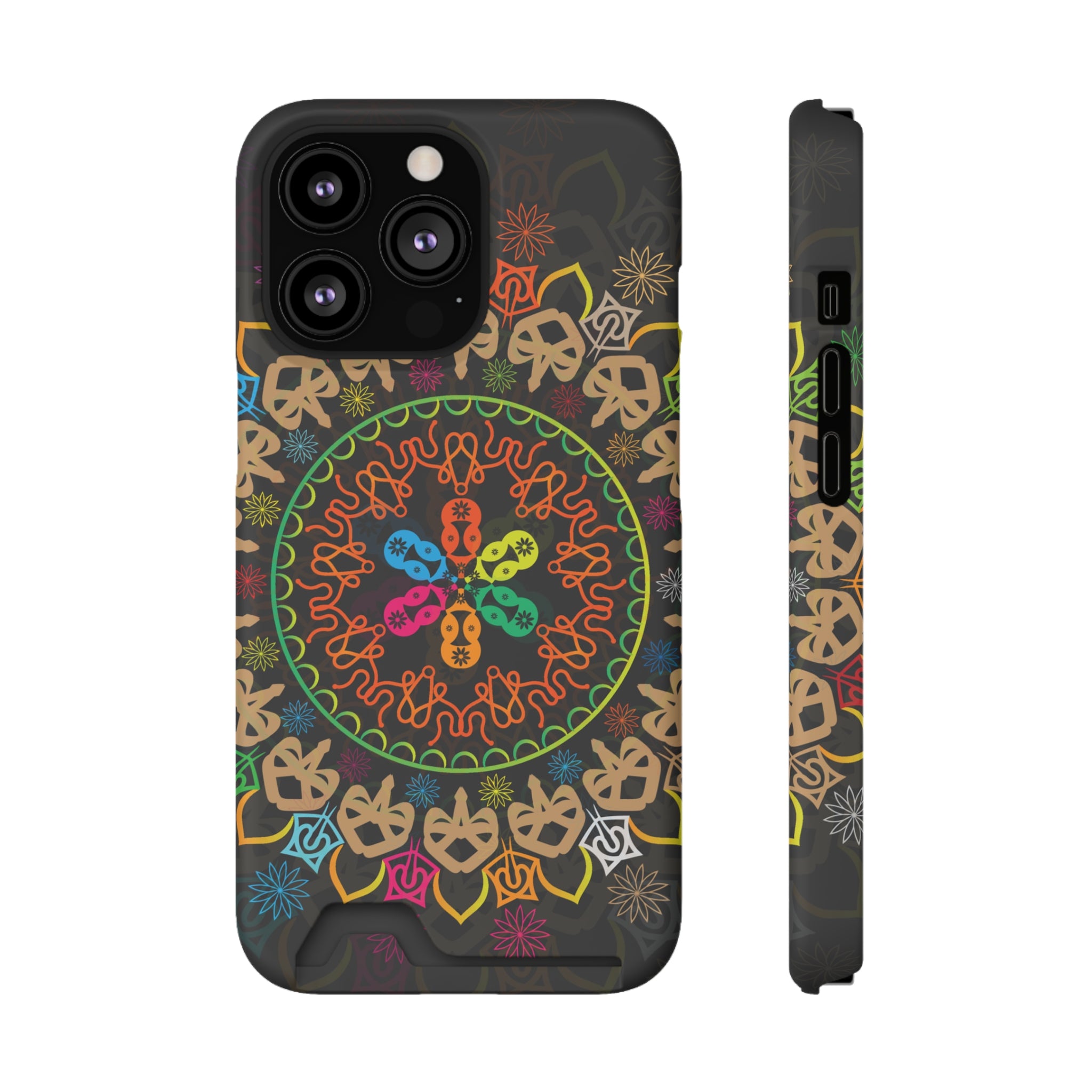 Colorful Mandala Phone Case with Card Holder, Bohemian Phone Accessory, Gift for Him/Her, Vibrant Smartphone Case, Artistic Phone Cover