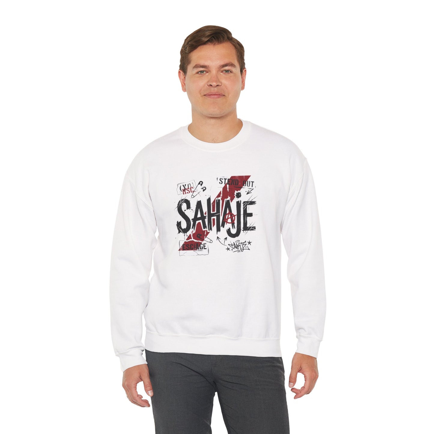 Crewneck Sweatshirt — 'Sahaje' Distressed Script Graphic