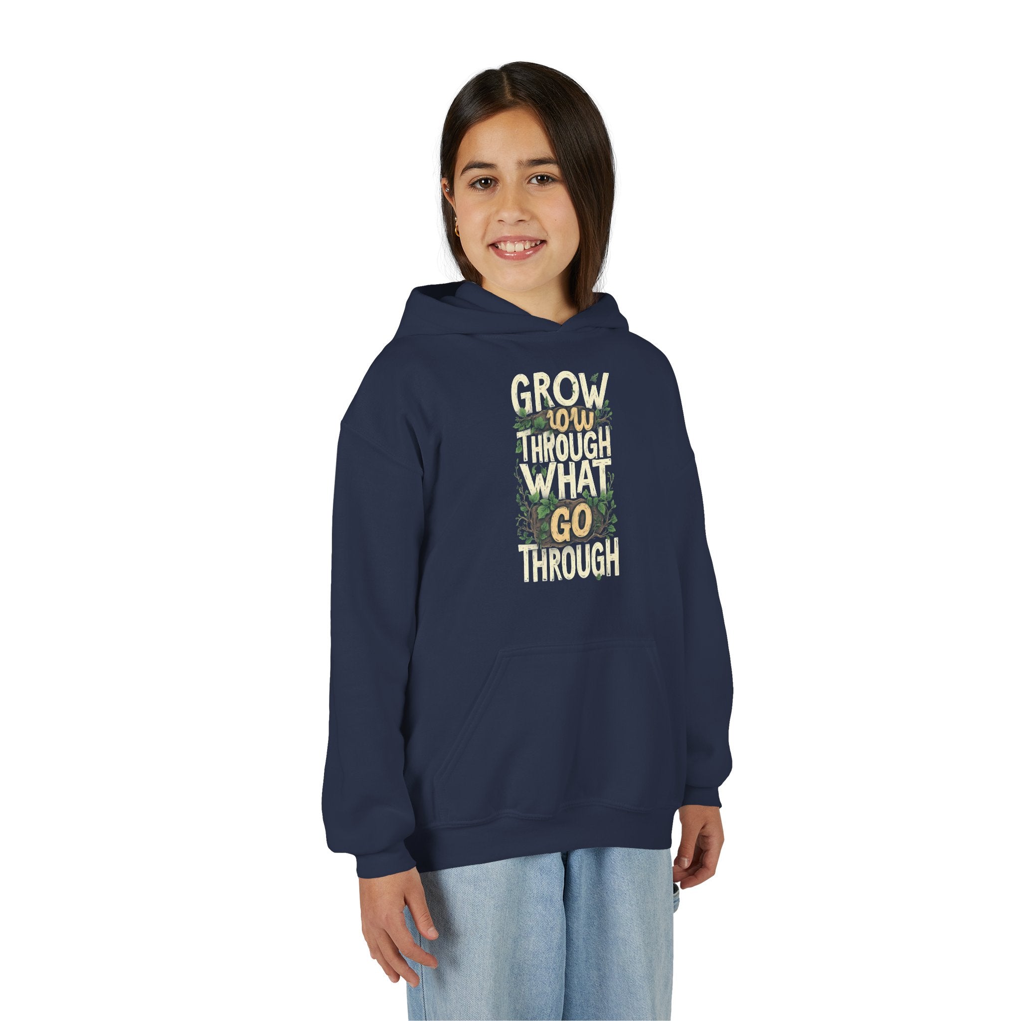 Youth Hoodie — 'Grow Slow, Go Through' Floral Motivational Hooded Sweatshirt