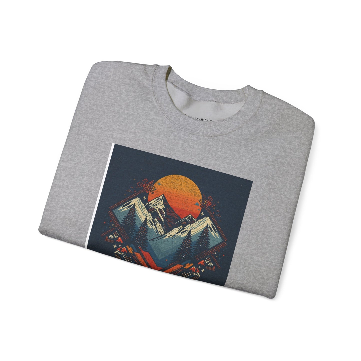 Mountain Sunset Crewneck Sweatshirt — Retro Geometric Peaks Graphic
