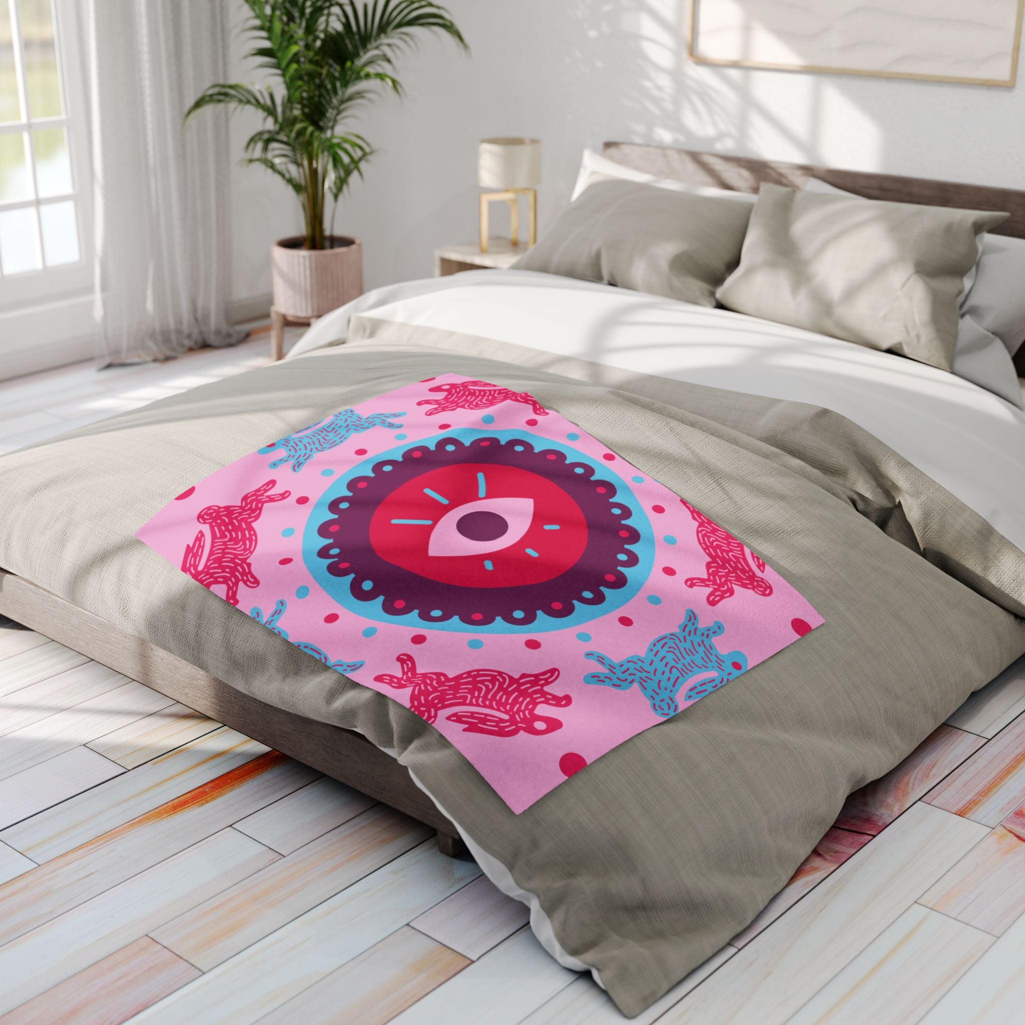 Pink Arctic Fleece Blanket — Mystical Eye & Polar Bear Pattern Cozy Throw