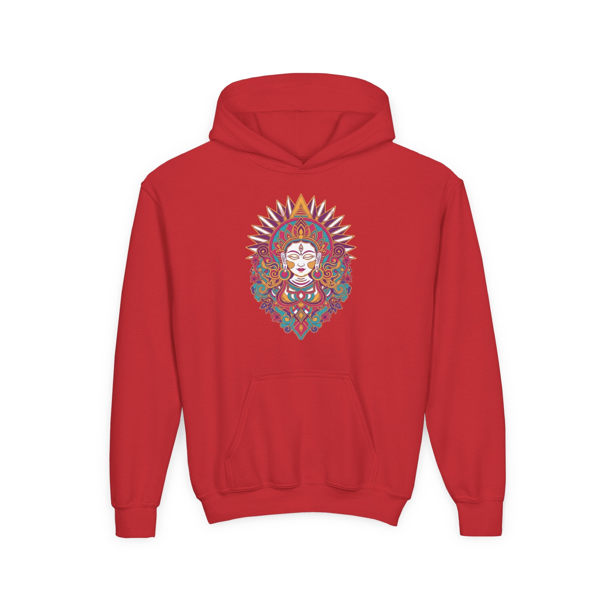 Youth Hoodie with Colorful Sugar Skull Goddess Design — Day of the Dead Kids Pullover