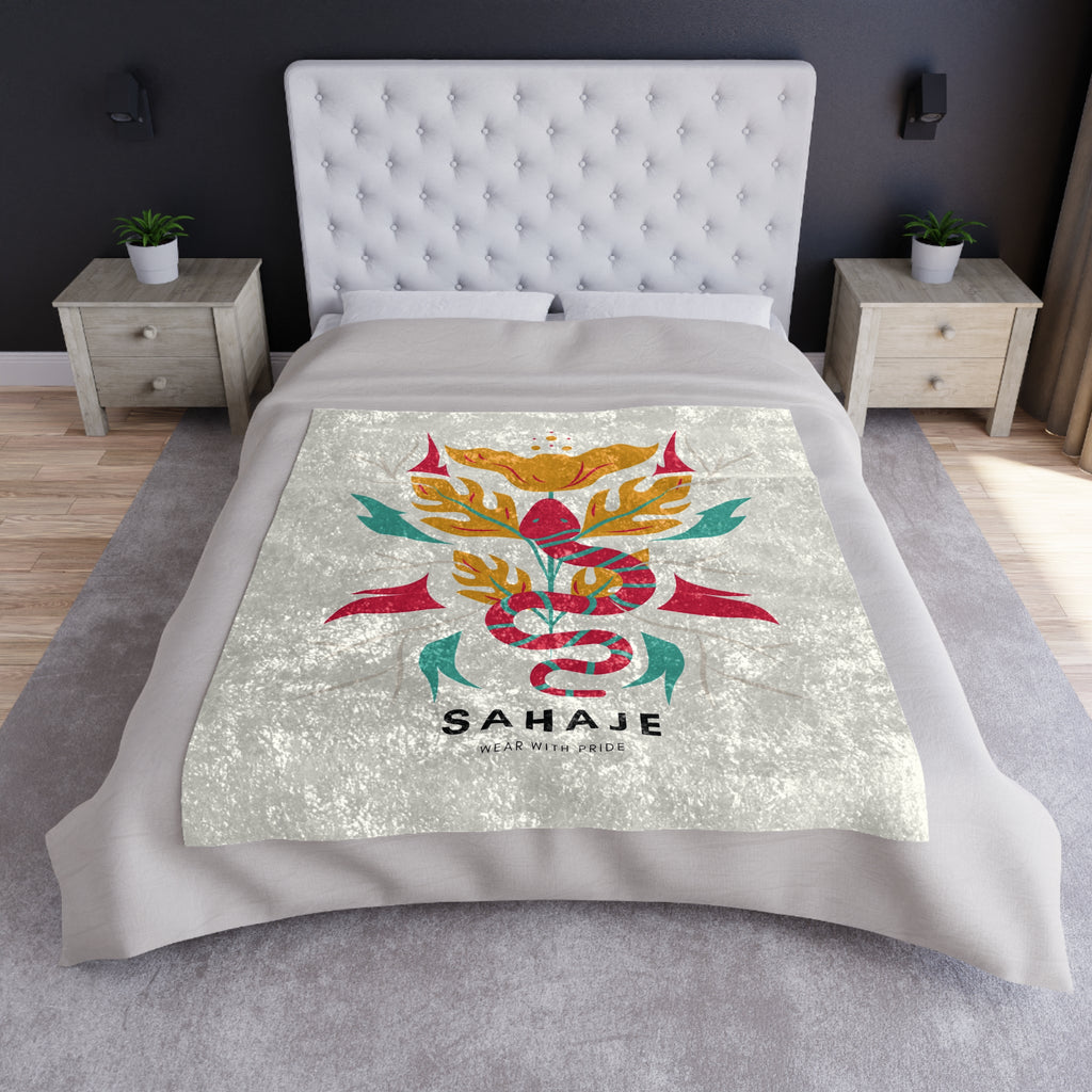 Crushed Velvet Blanket — Boho Snake Floral Throw with 'SAHAJE' Logo