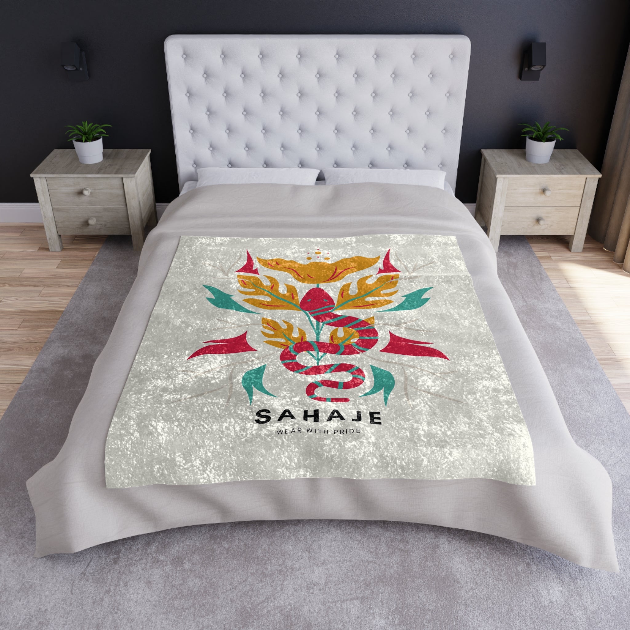 Crushed Velvet Blanket — Boho Snake Floral Throw with 'SAHAJE' Logo
