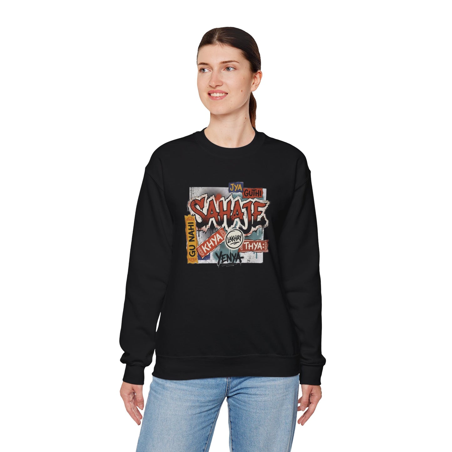 Crewneck Sweatshirt — 'Sahaje' Vintage Sticker Collage Graphic