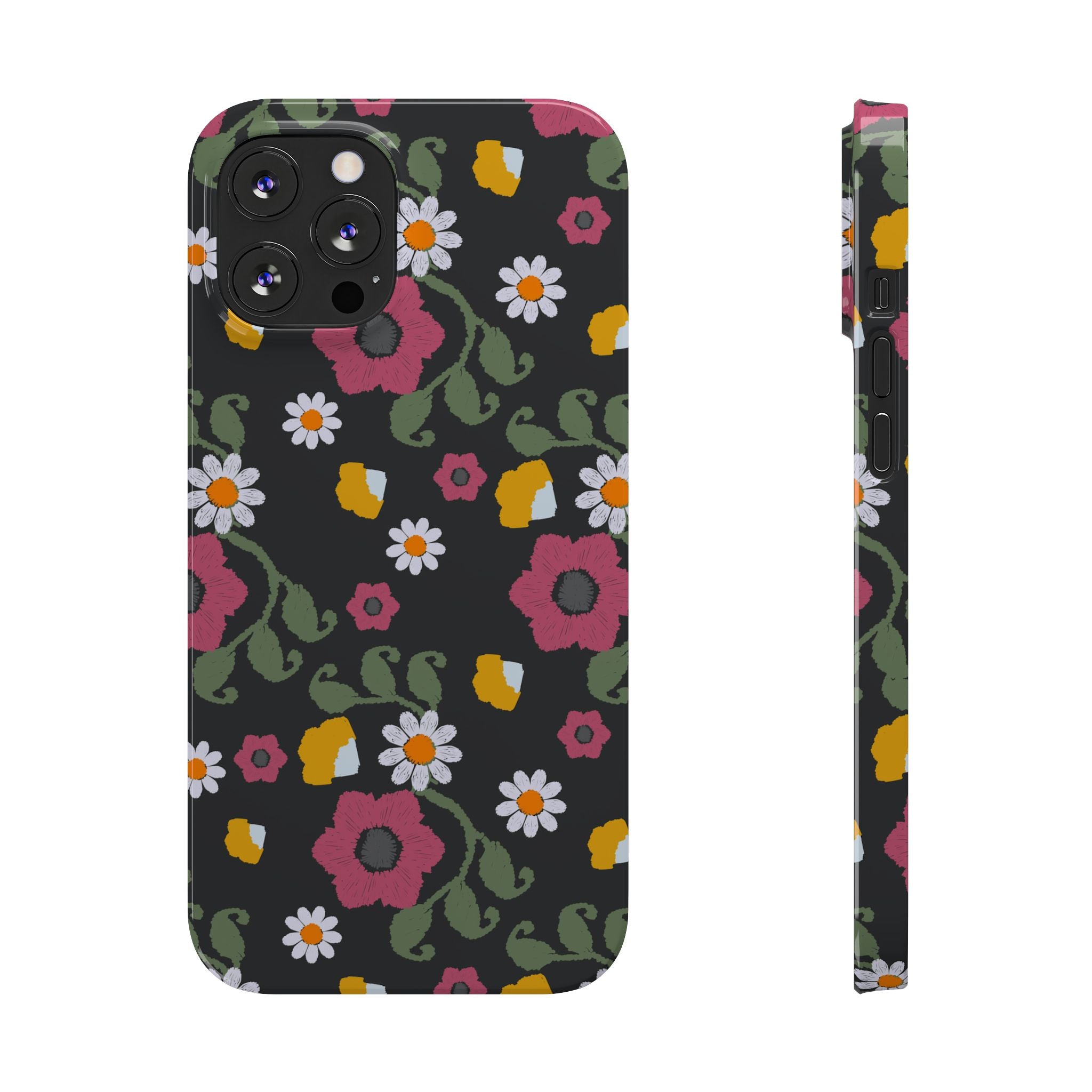 Floral Slim Phone Case, Black Flower Phone Cover, Stylish Phone Accessory, Gift for Her, Trendy Floral Case