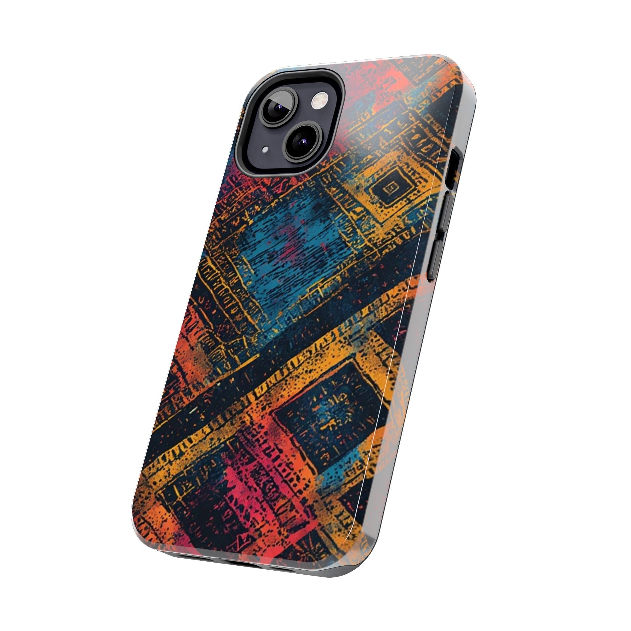 Tough Phone Case – Abstract Rustic Geometric Design (Blue, Orange, Magenta)