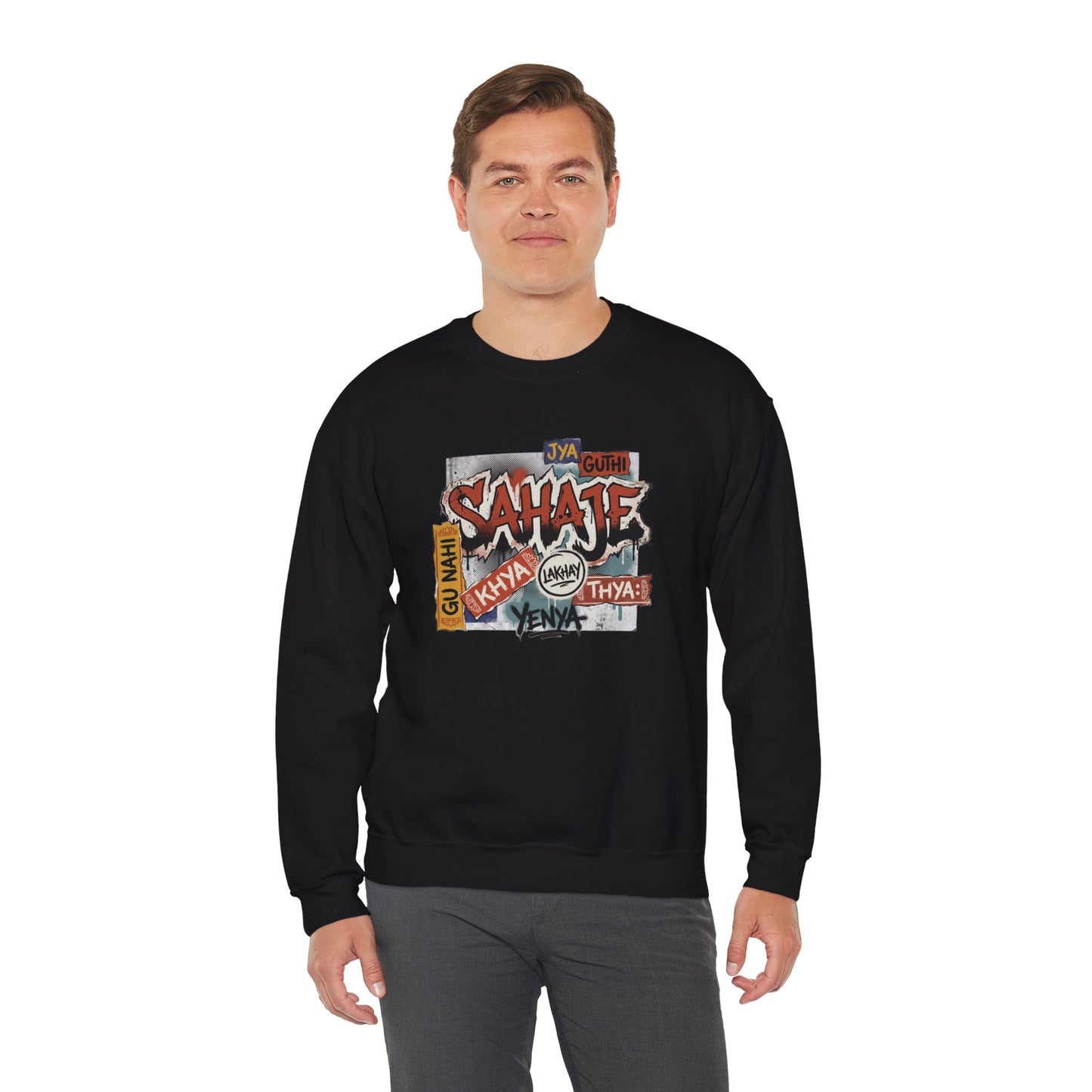 Crewneck Sweatshirt — 'Sahaje' Vintage Sticker Collage Graphic