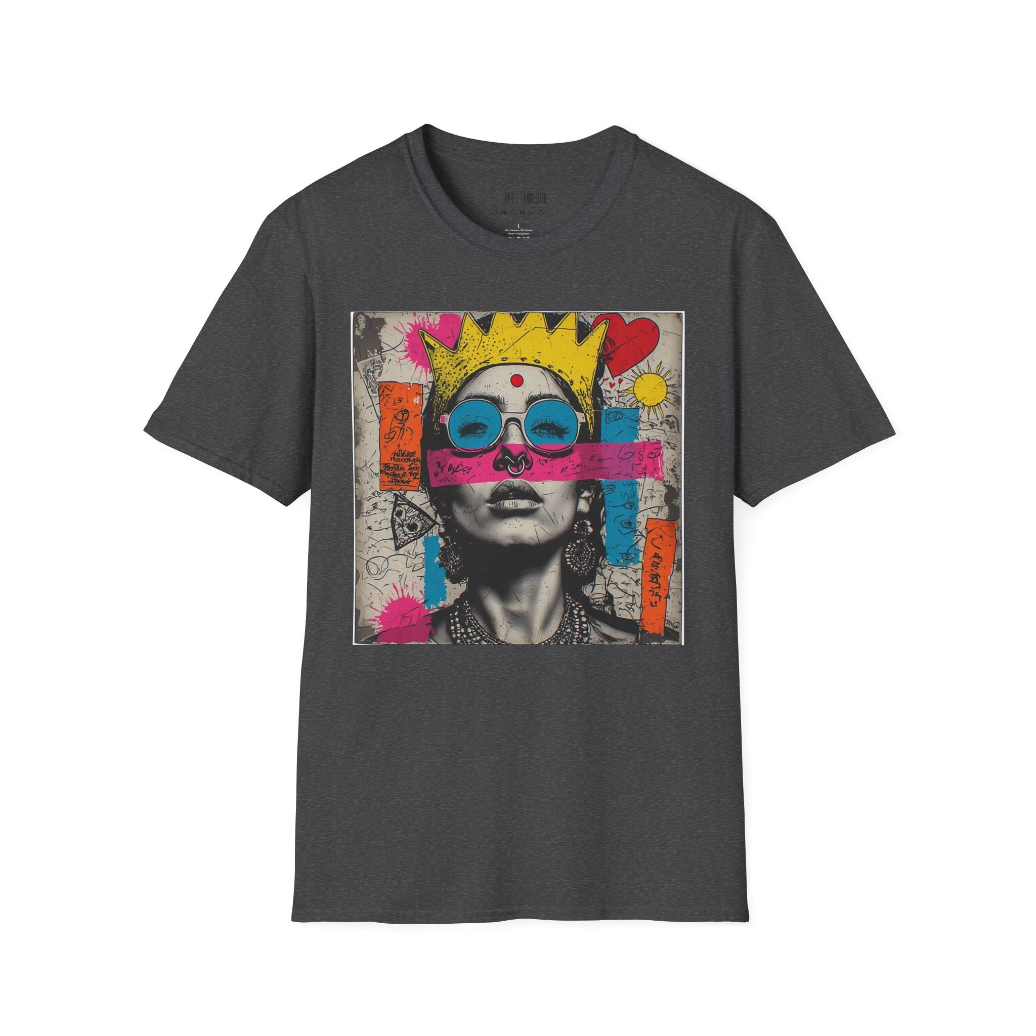 Abstract Pop Art Portrait T-Shirt — Neon Crown & Sunglasses Graphic