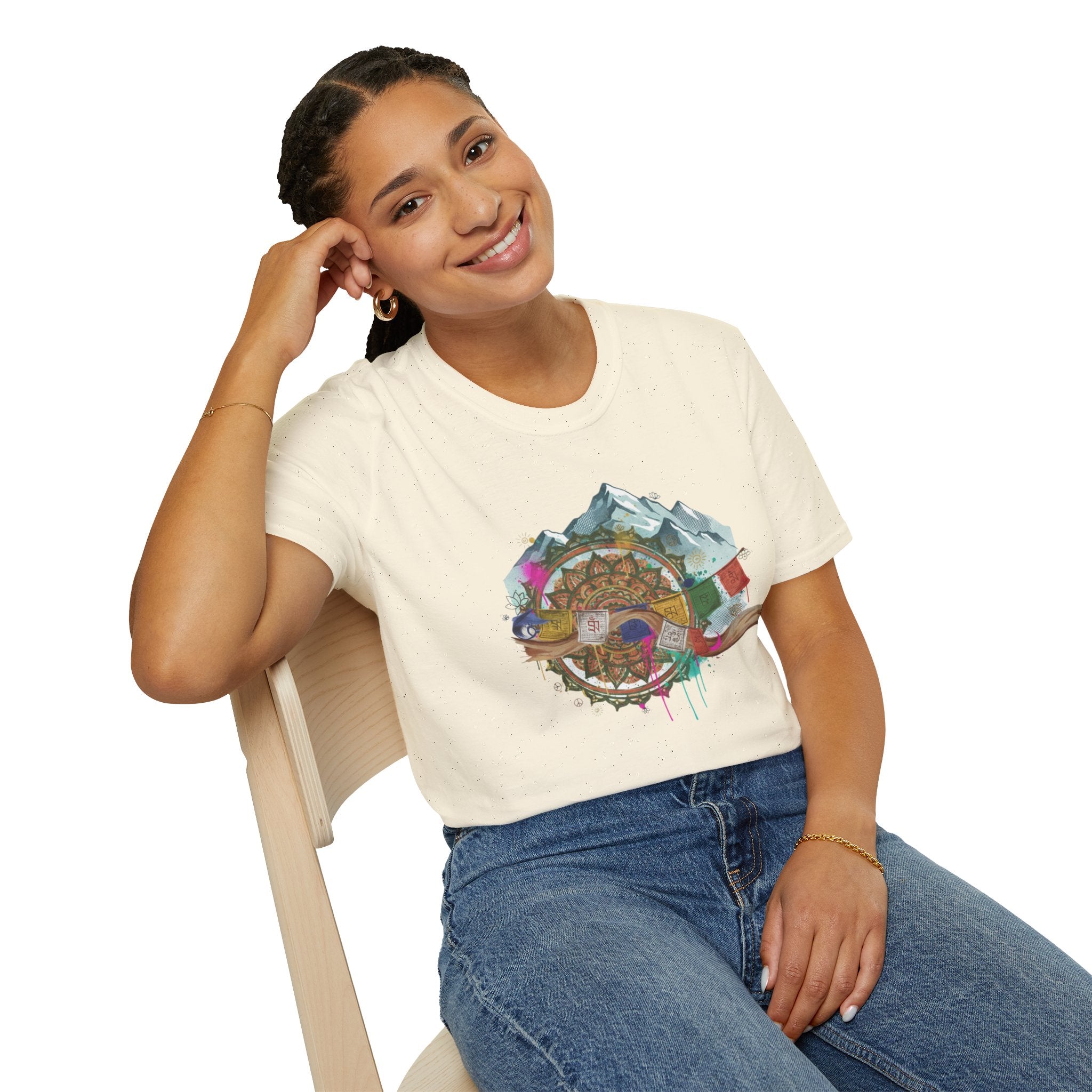 Adventure Compass T-Shirt — Mountain Compass with Prayer Flags & Colorful Globe