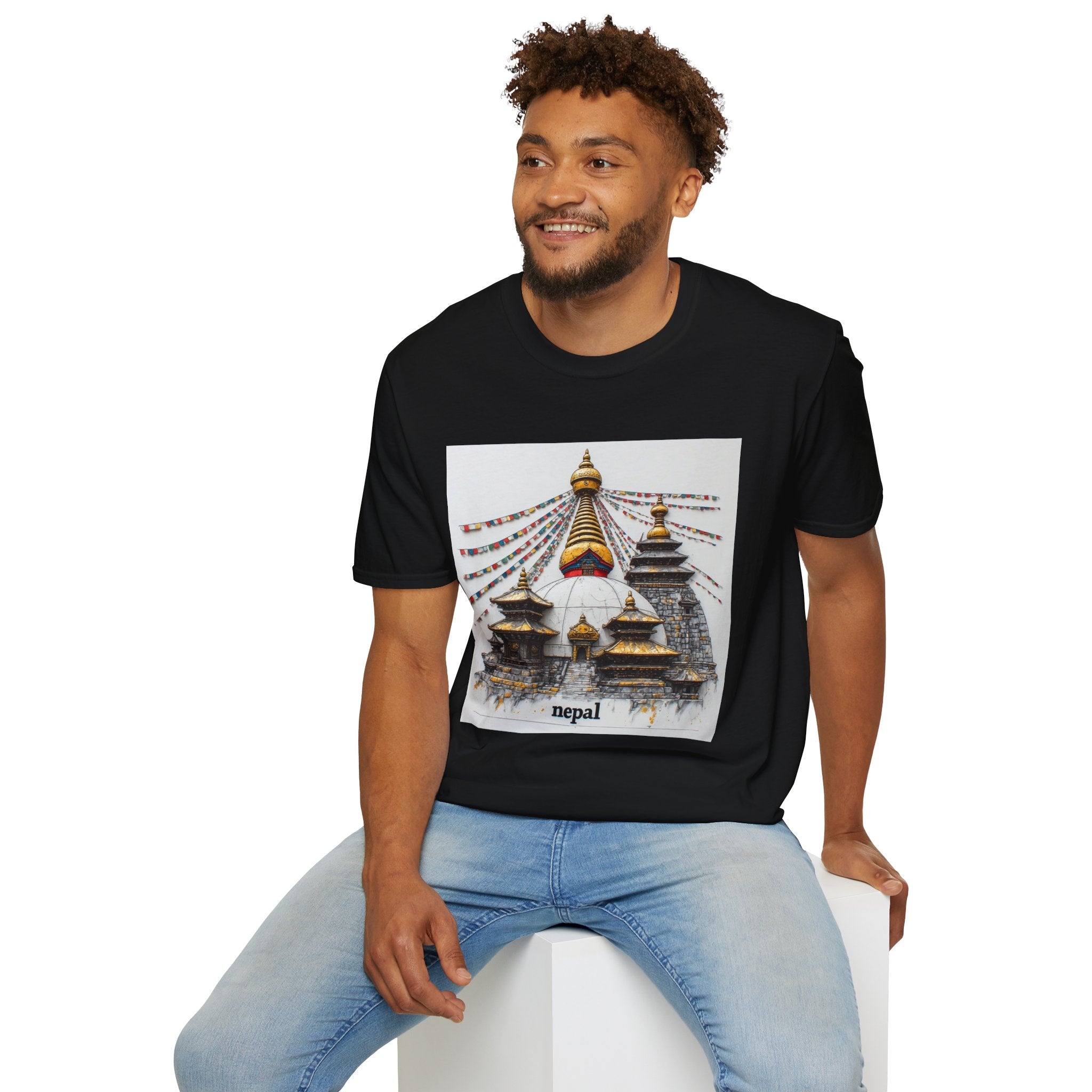 Nepal Temple Graphic T-Shirt — Boudhanath Stupa Prayer Flags Travel Tee