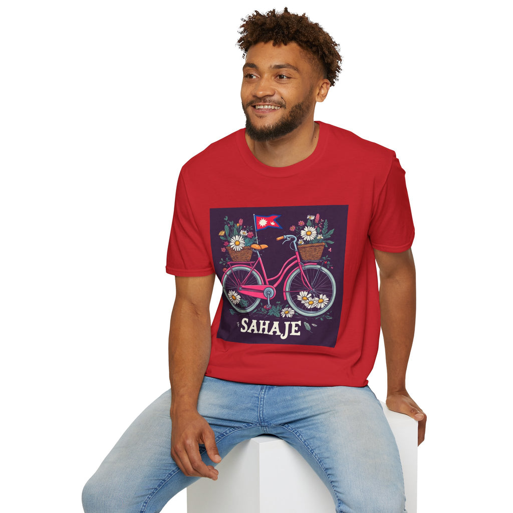 Bicycle Floral T-Shirt – Pink Bike with Baskets & "Sahaje" Text