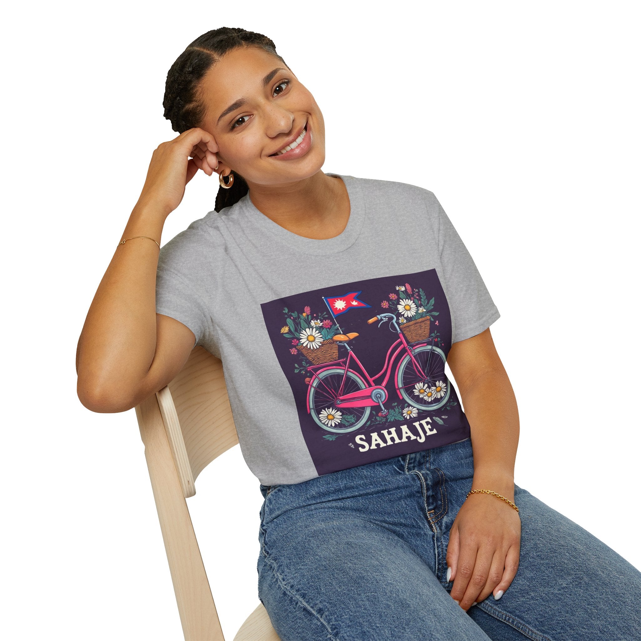 Bicycle Floral T-Shirt – Pink Bike with Baskets & "Sahaje" Text