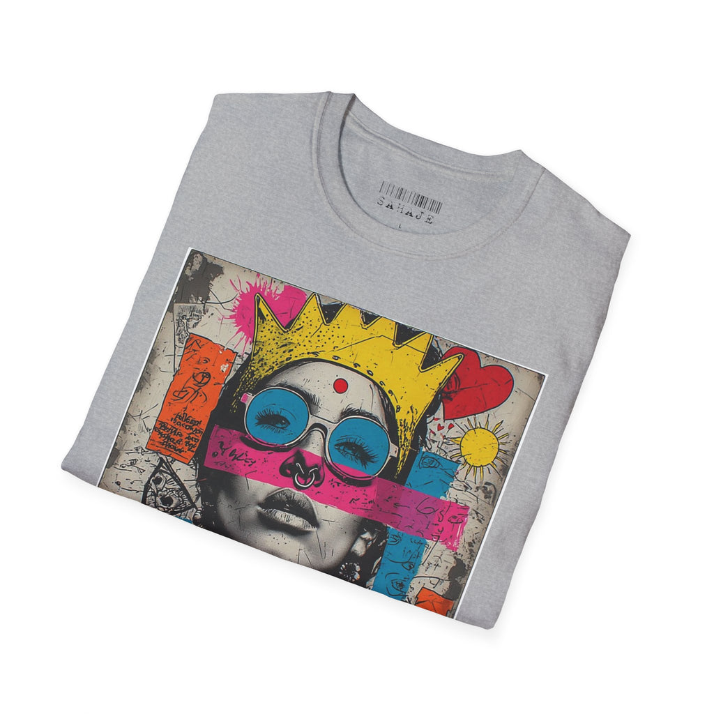 Abstract Pop Art Portrait T-Shirt — Neon Crown & Sunglasses Graphic