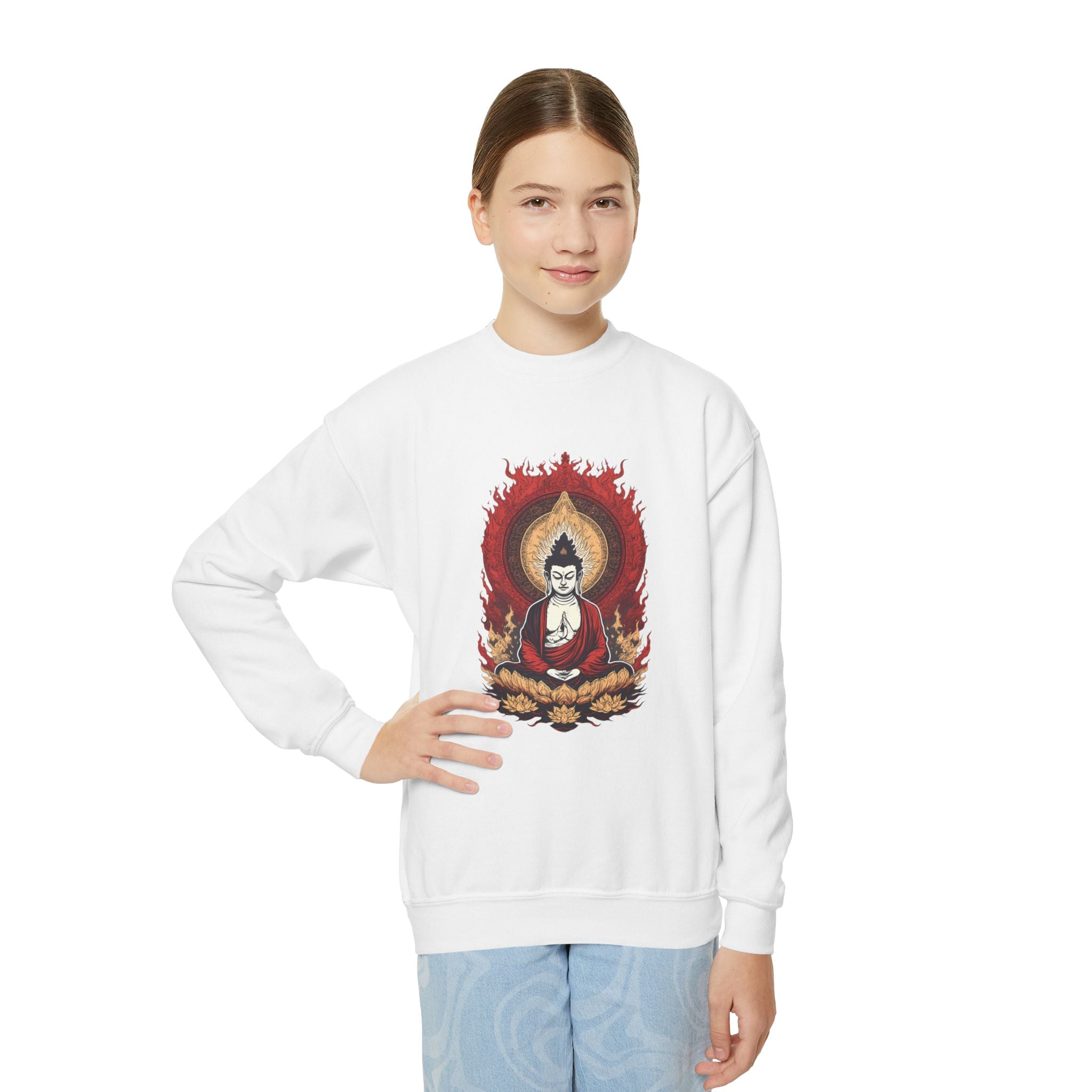 Buddha Flame Youth Crewneck Sweatshirt - Meditating Lotus Graphic