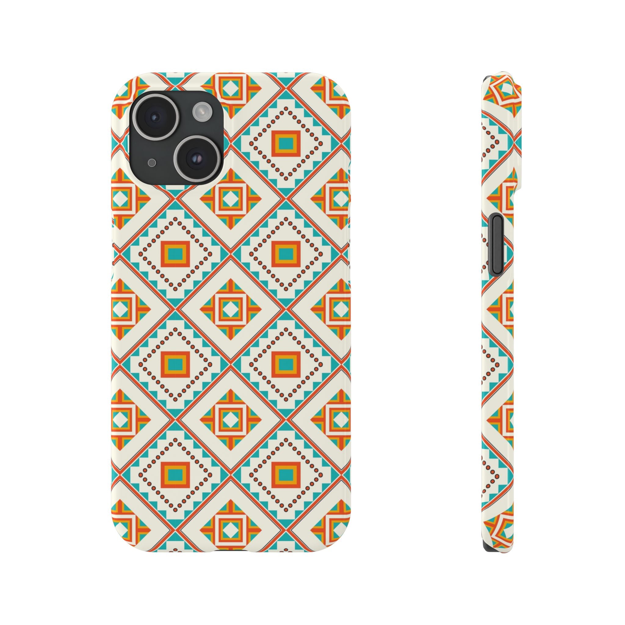 Slim Phone Case — Retro Geometric Tile Pattern (Turquoise & Orange)