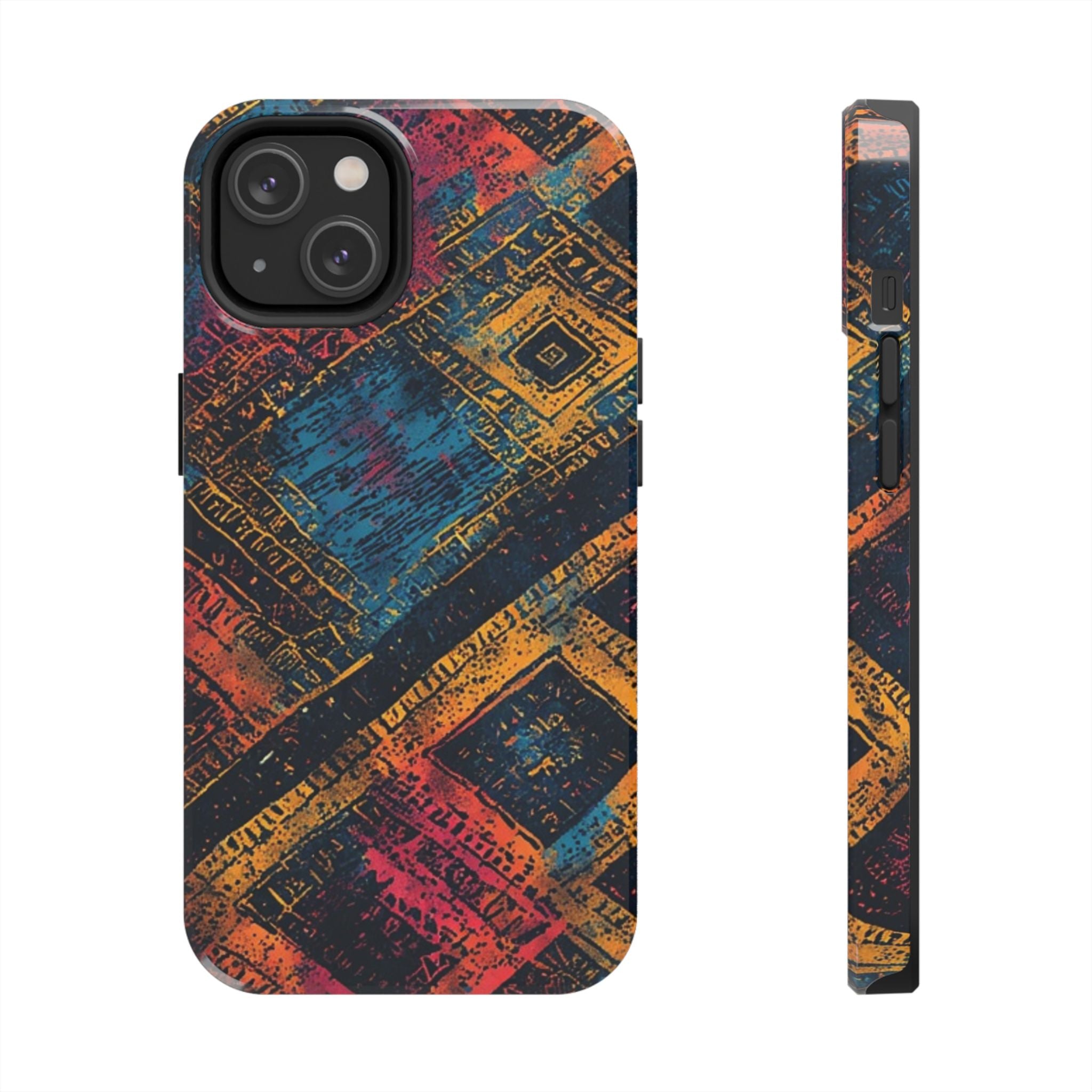 Tough Phone Case – Abstract Rustic Geometric Design (Blue, Orange, Magenta)