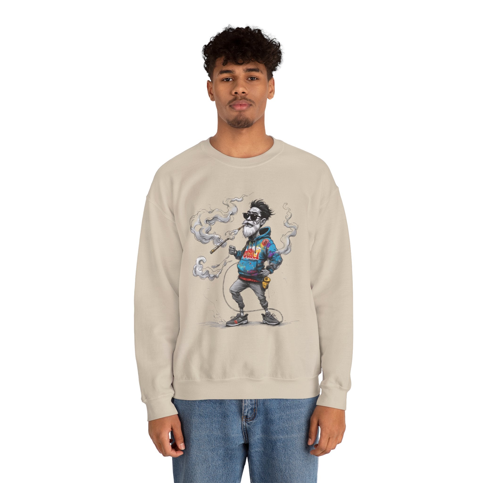 Crewneck Sweatshirt - Retro Cool Grandpa Smoking Pipe Illustration