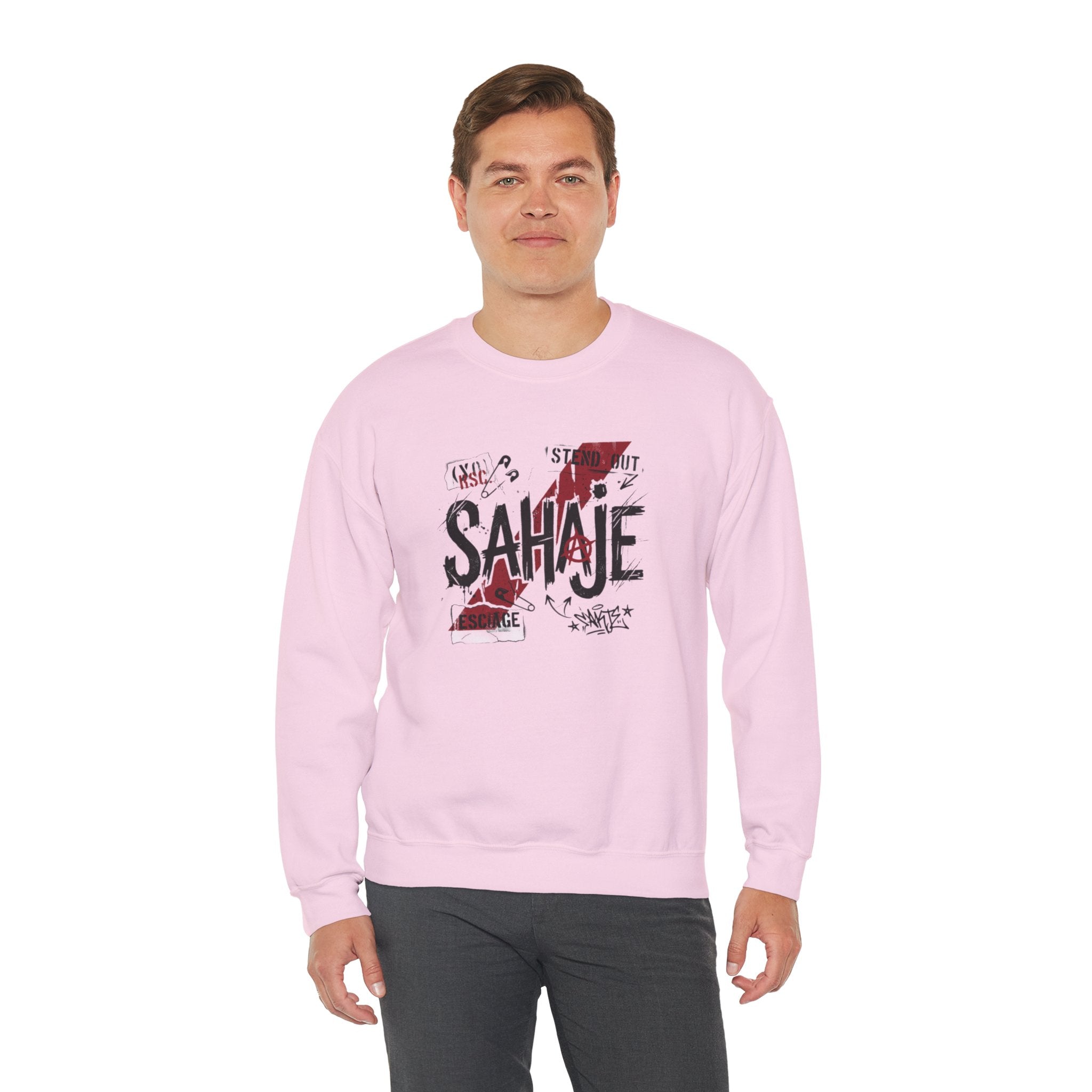 Crewneck Sweatshirt — 'Sahaje' Distressed Script Graphic