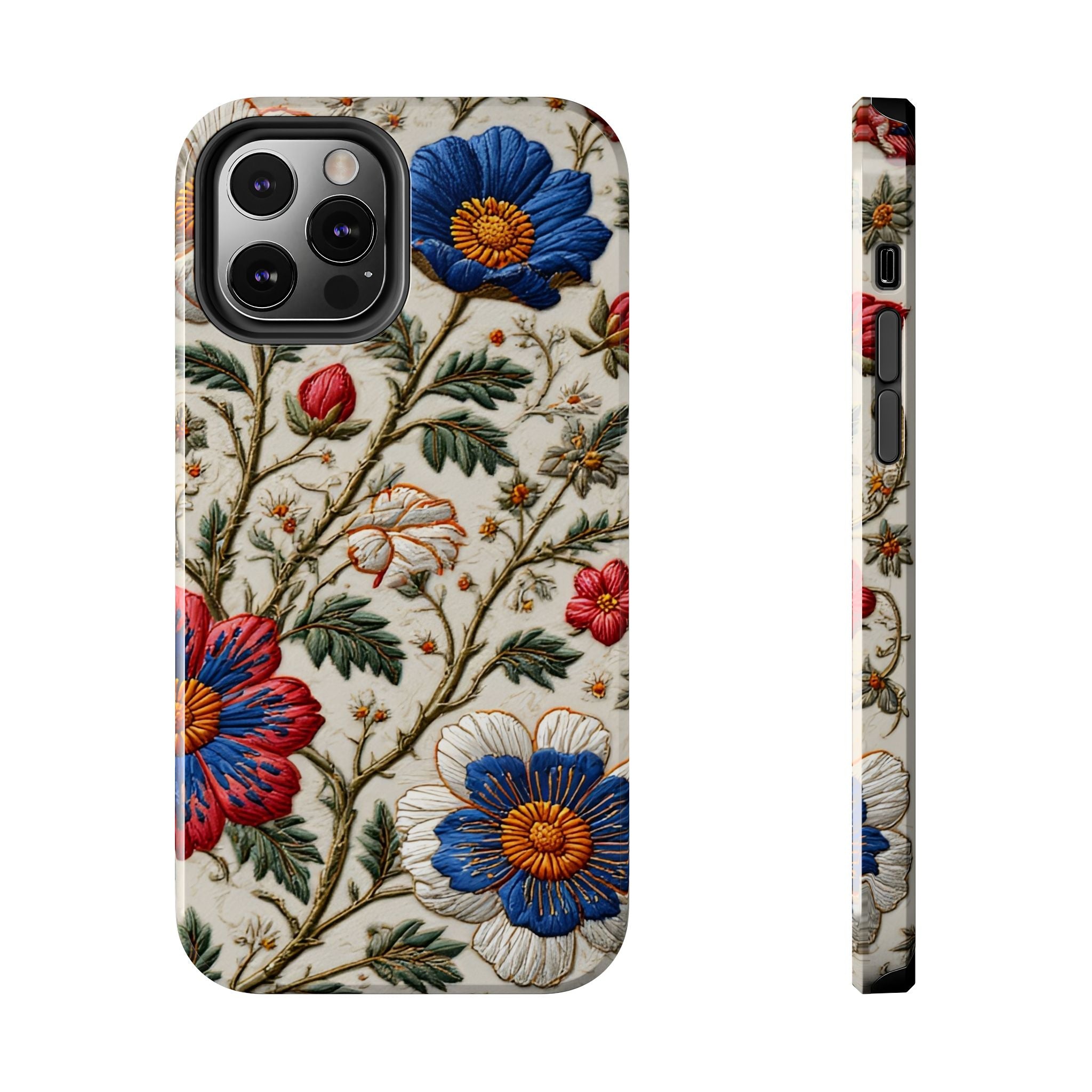 Floral Embroidery Tough Phone Case — Vintage Blue & Red Garden Design