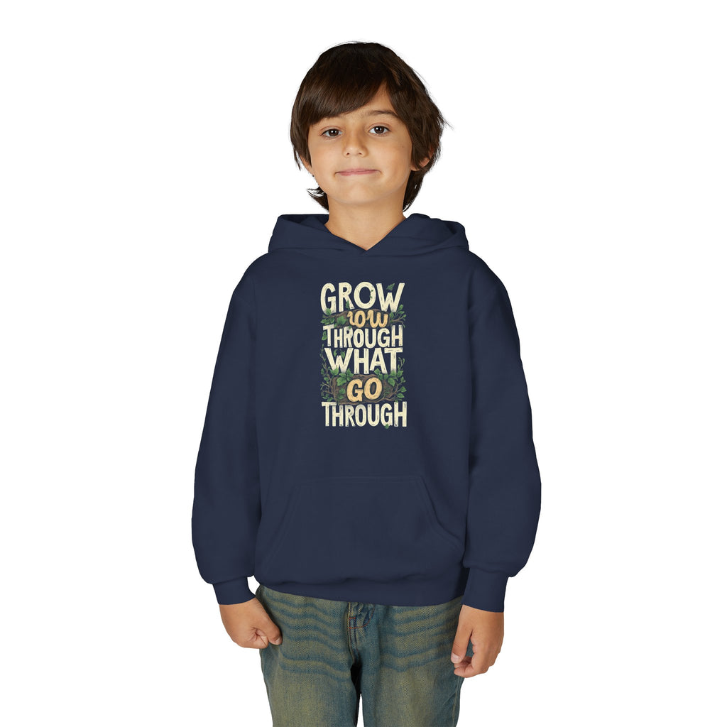 Youth Hoodie — 'Grow Slow, Go Through' Floral Motivational Hooded Sweatshirt