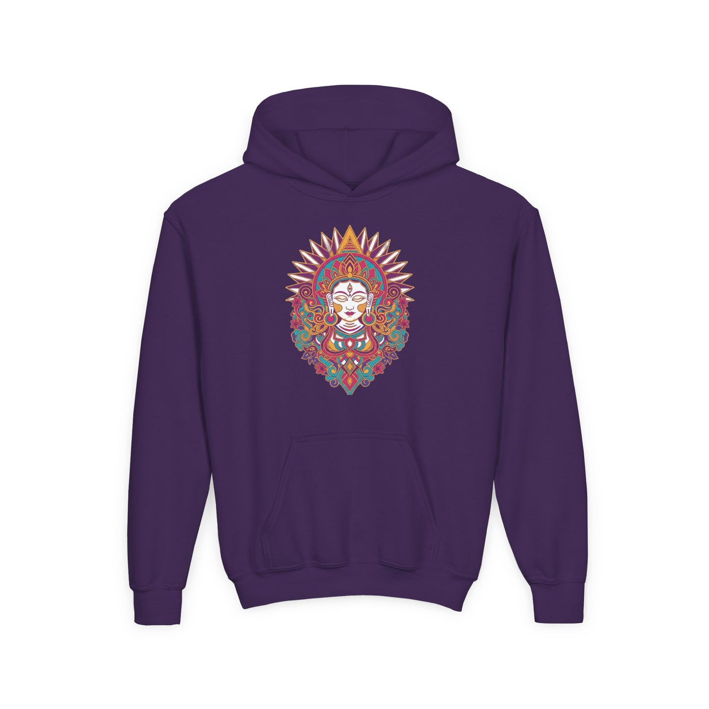 Youth Hoodie with Colorful Sugar Skull Goddess Design — Day of the Dead Kids Pullover