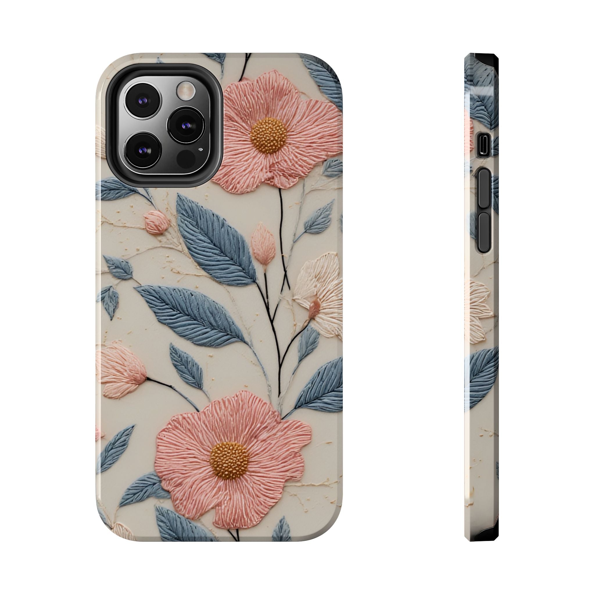 Floral Embroidered Tough Phone Case — Pink Blossom Protective Phone Cover