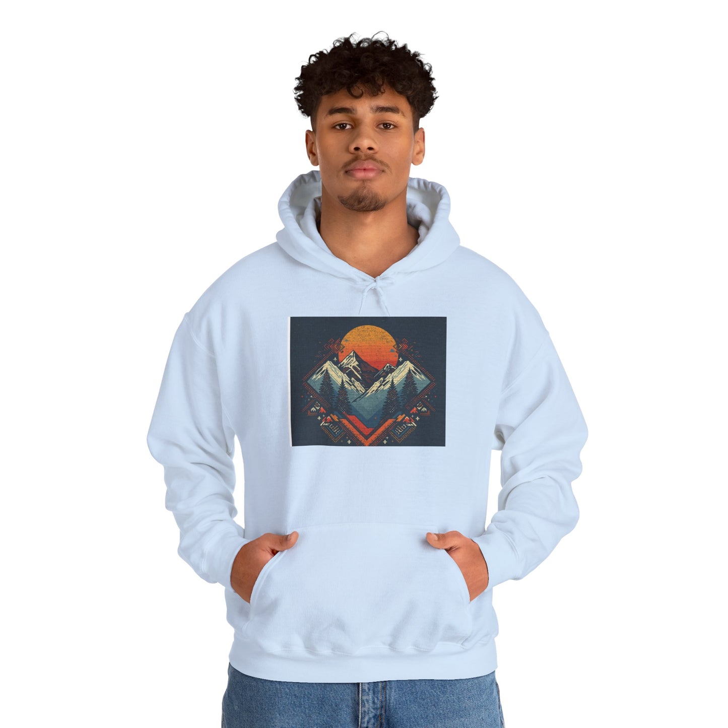Mountain Sunset Hoodie – Retro Geometric Peaks & Rising Sun Sweatshirt