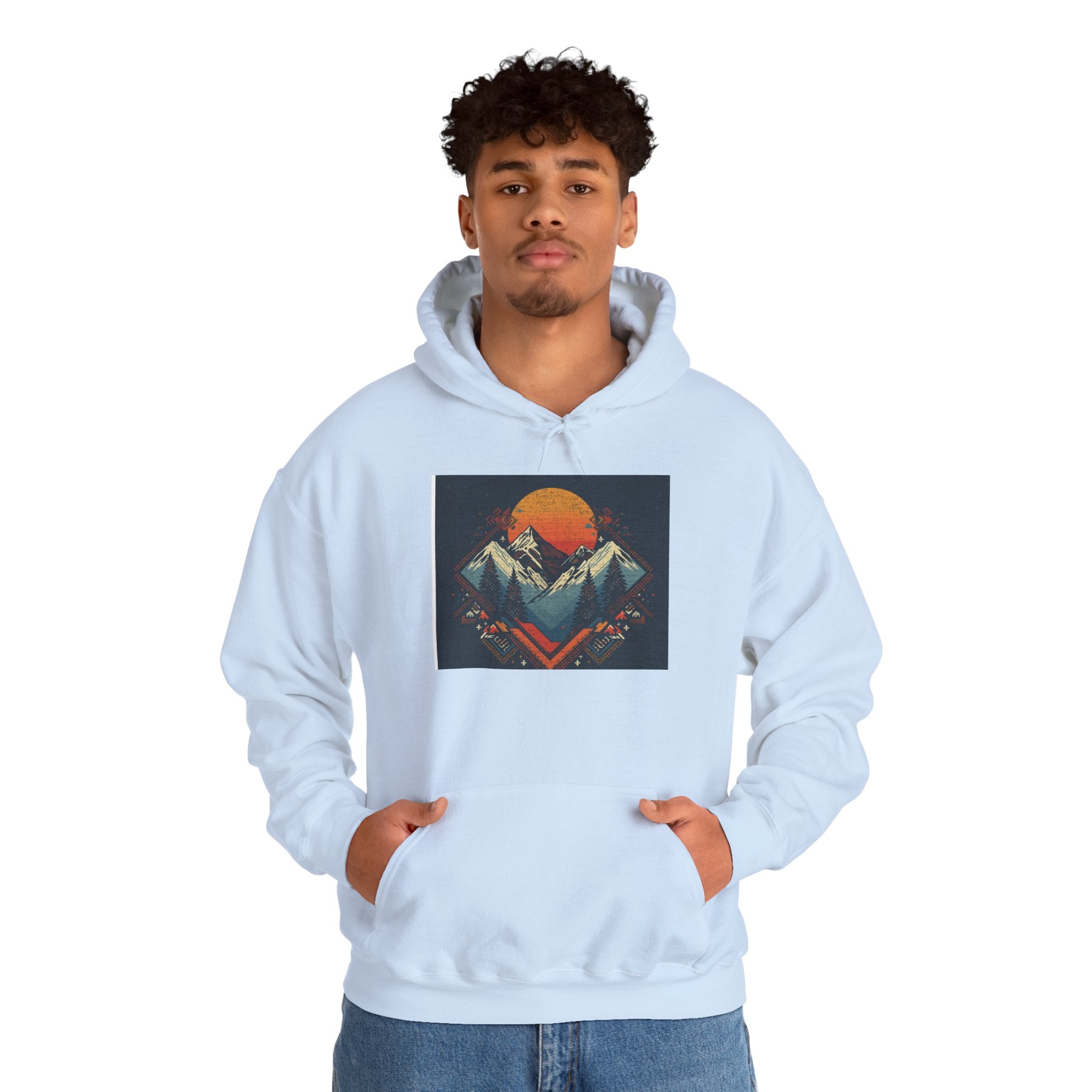 Mountain Sunset Hoodie – Retro Geometric Peaks & Rising Sun Sweatshirt