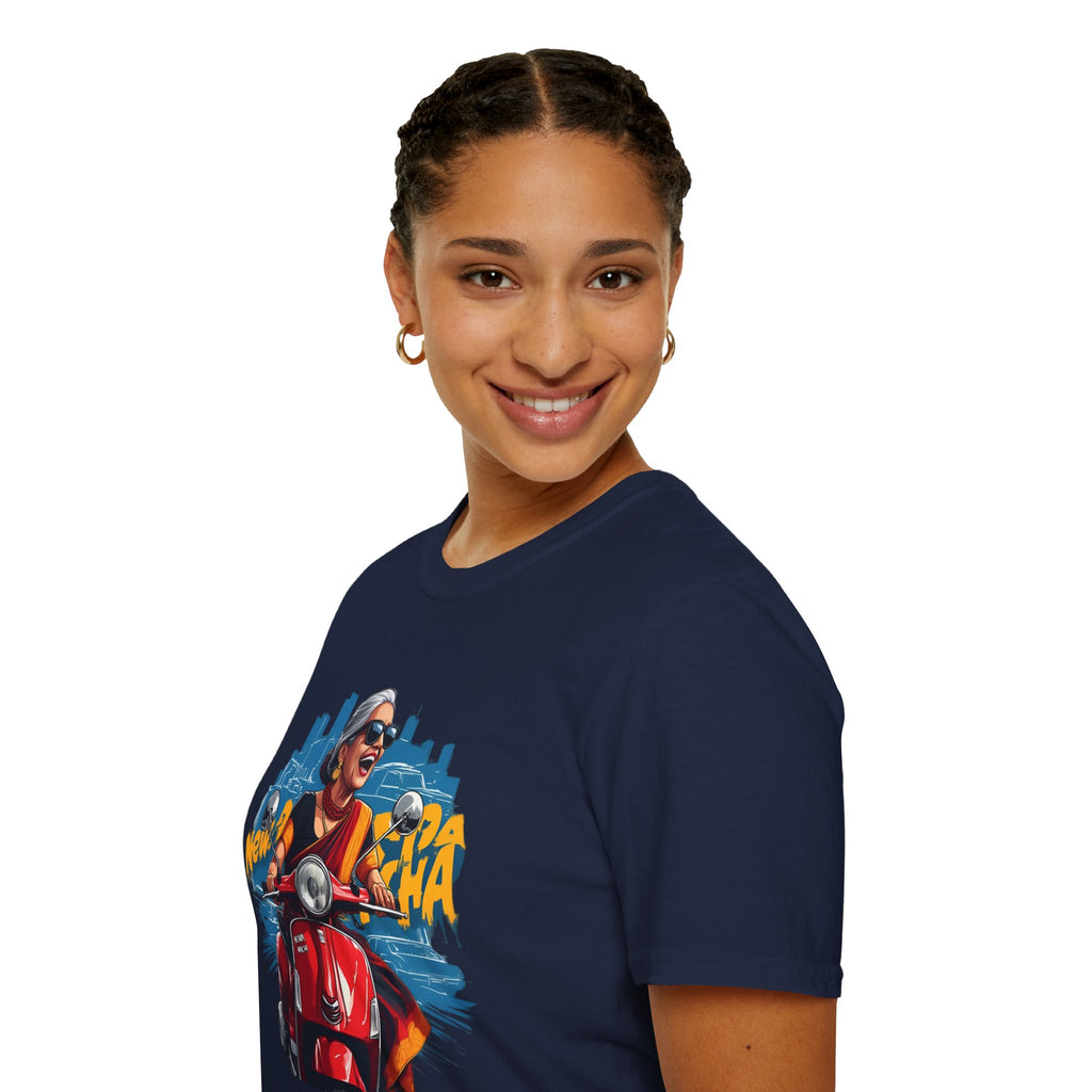 Newa Maicha Riding Scooter T-Shirt – Newari Woman in New York Graphic Tee, Cultural & Urban Design