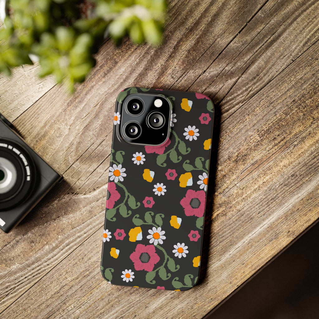 Floral Slim Phone Case, Black Flower Phone Cover, Stylish Phone Accessory, Gift for Her, Trendy Floral Case