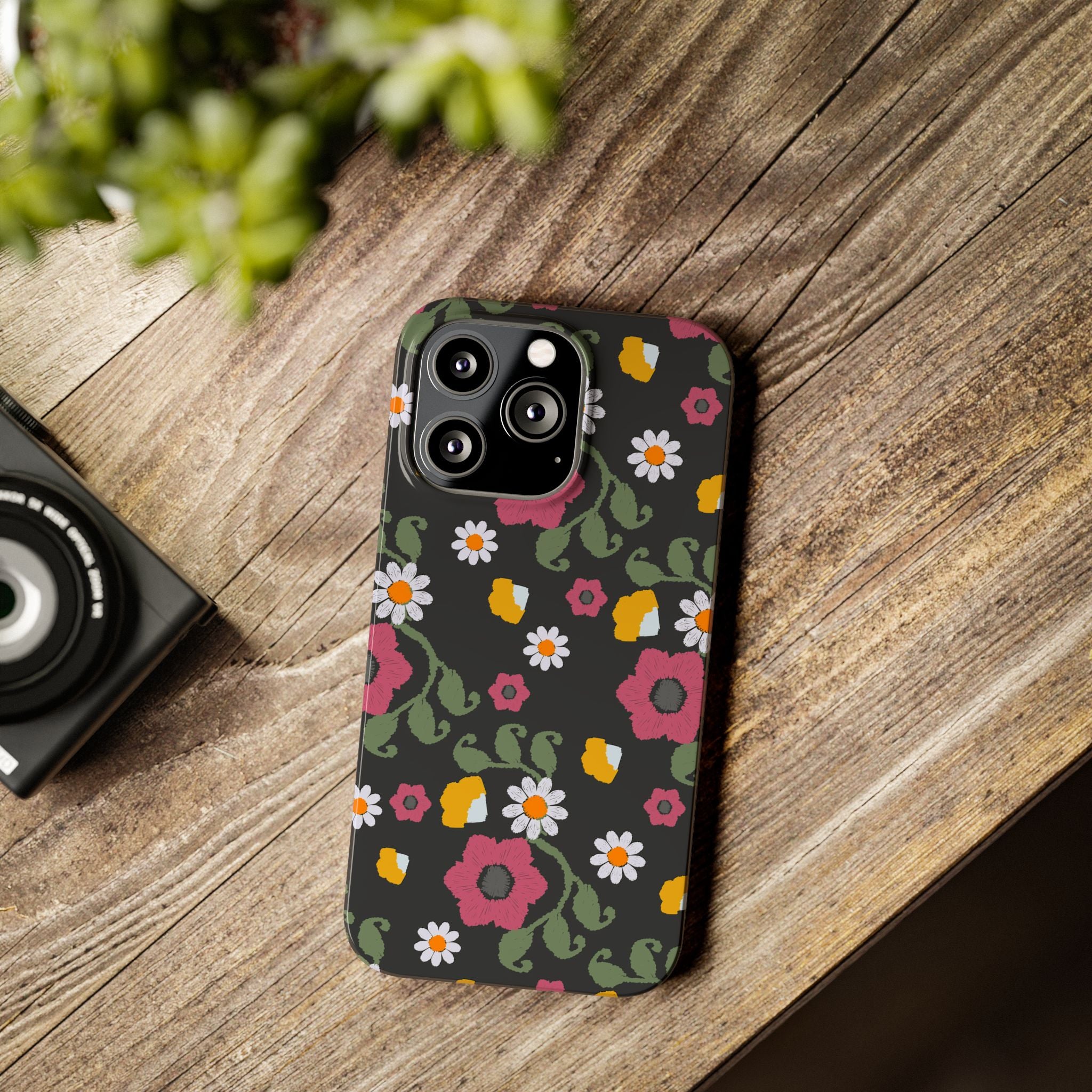 Floral Slim Phone Case, Black Flower Phone Cover, Stylish Phone Accessory, Gift for Her, Trendy Floral Case