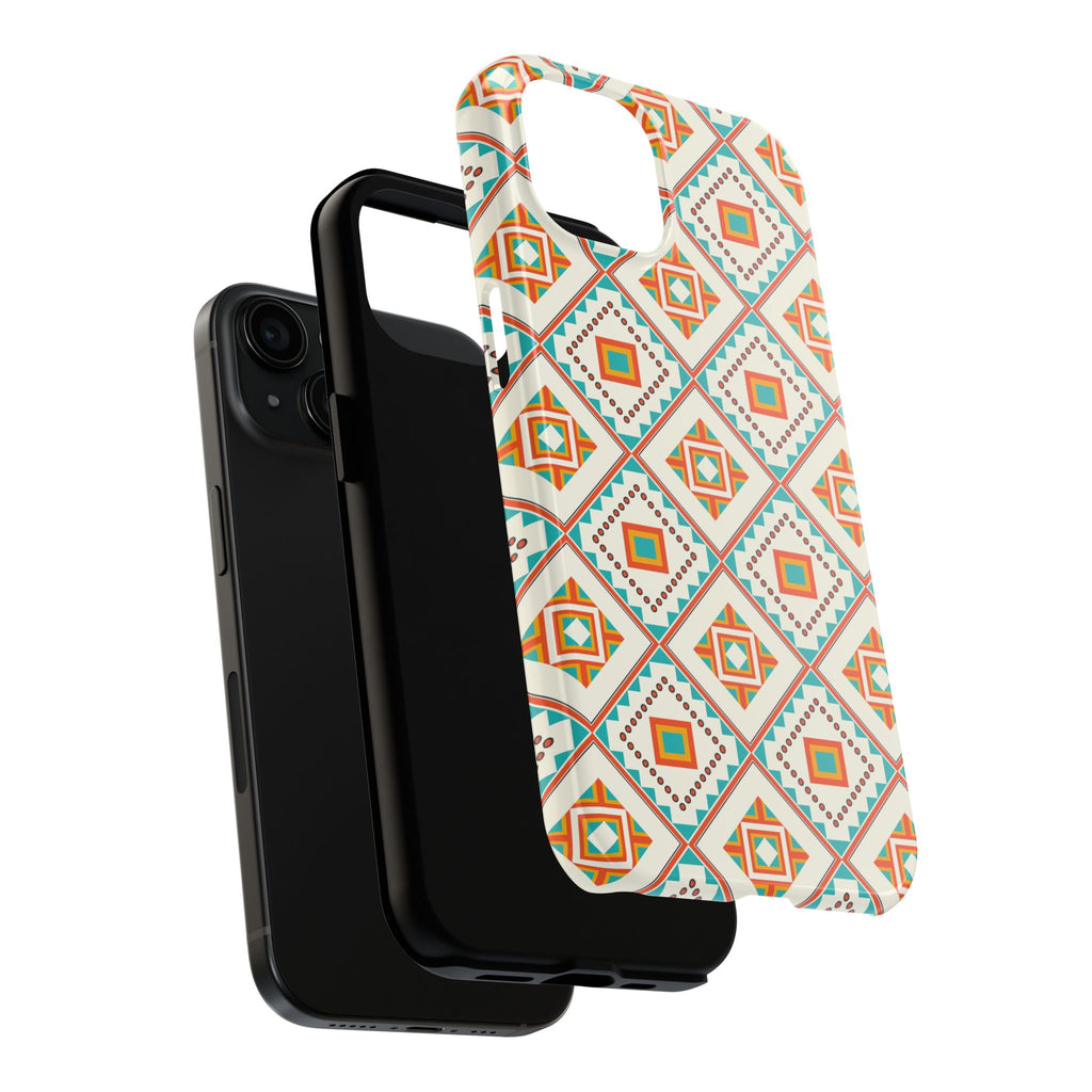 Tough Phone Case — Geometric Retro Tile Pattern, Orange & Teal Protective Cover