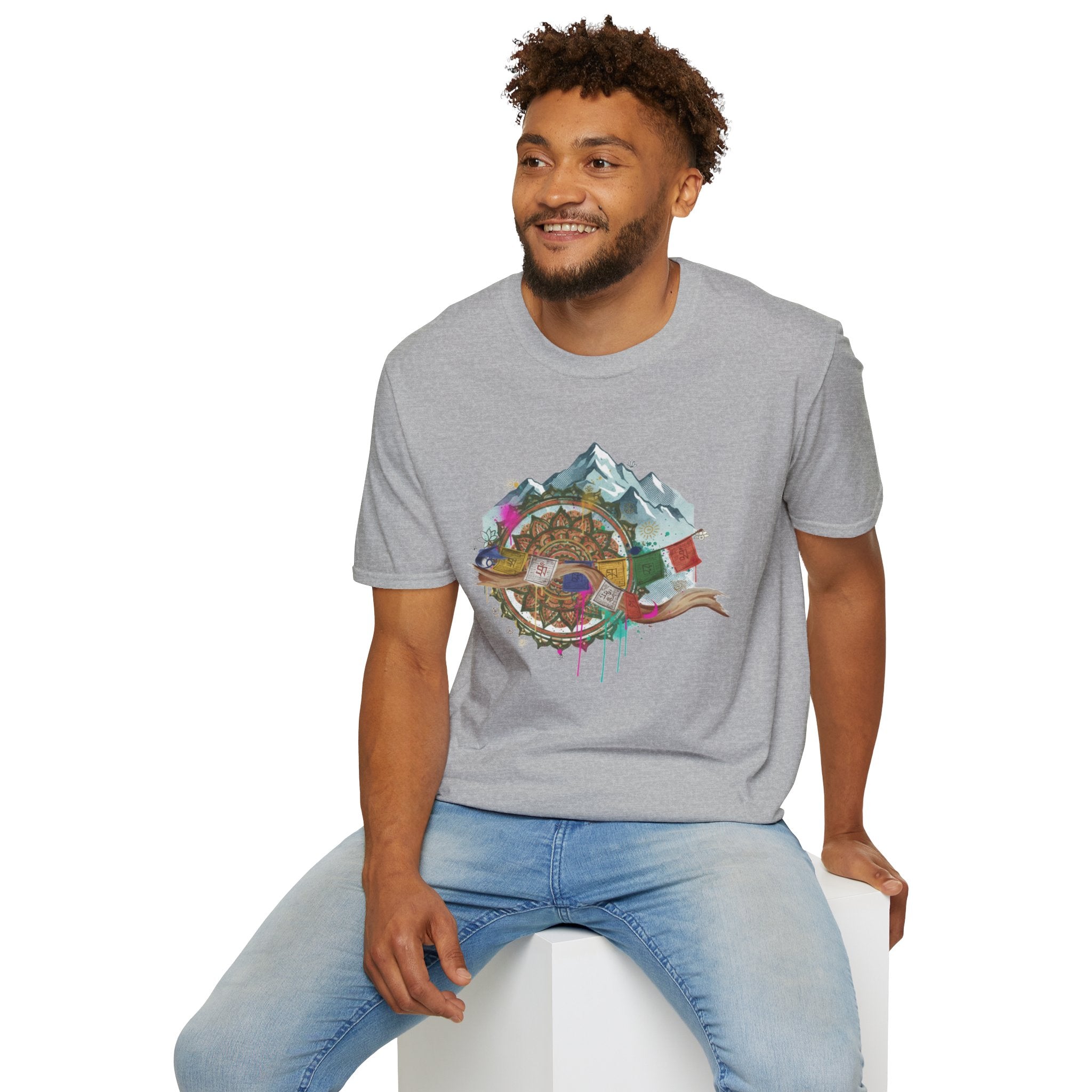 Adventure Compass T-Shirt — Mountain Compass with Prayer Flags & Colorful Globe