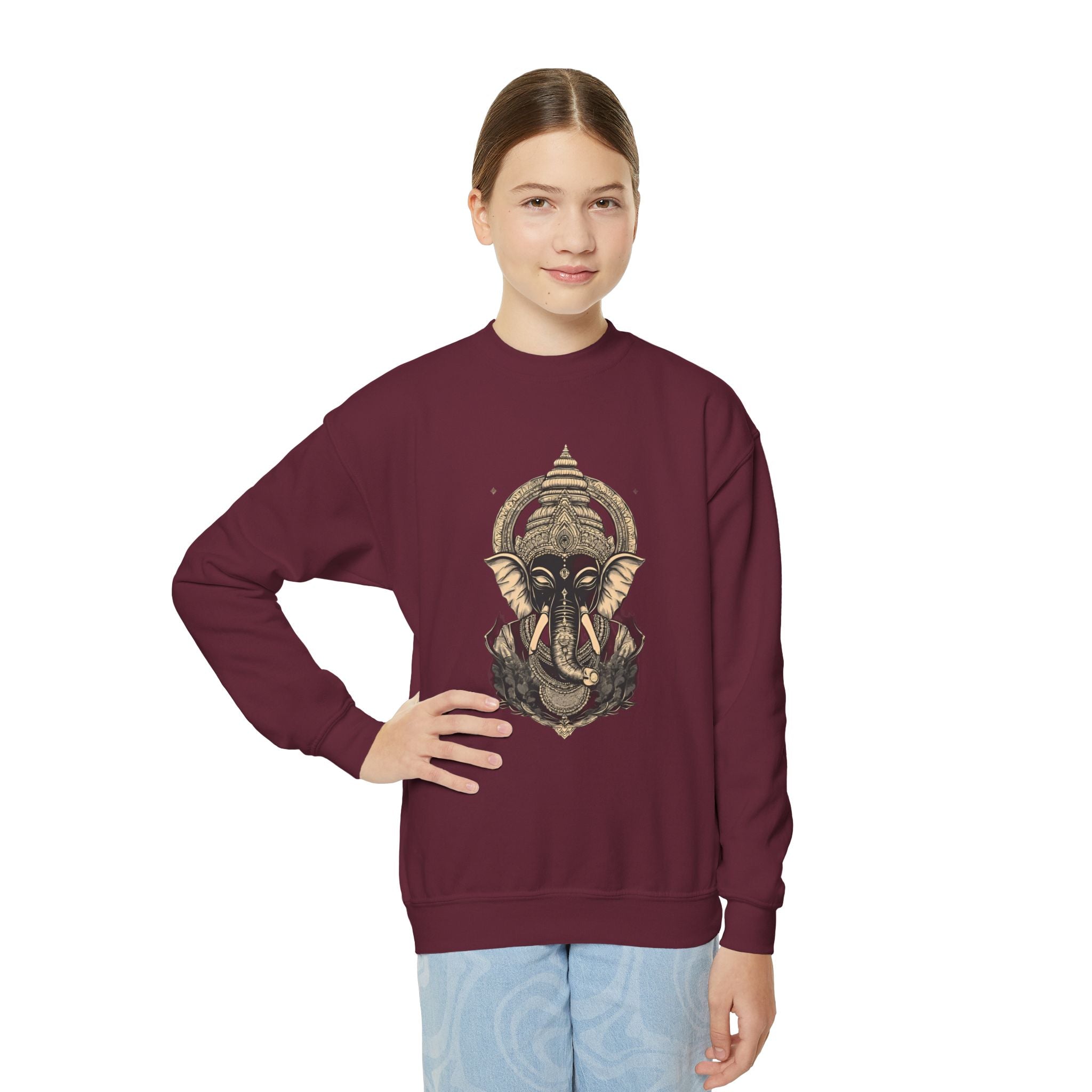 Ganesha Elephant Graphic Crewneck Sweatshirt — Youth Spiritual/Boho Kids Pullover
