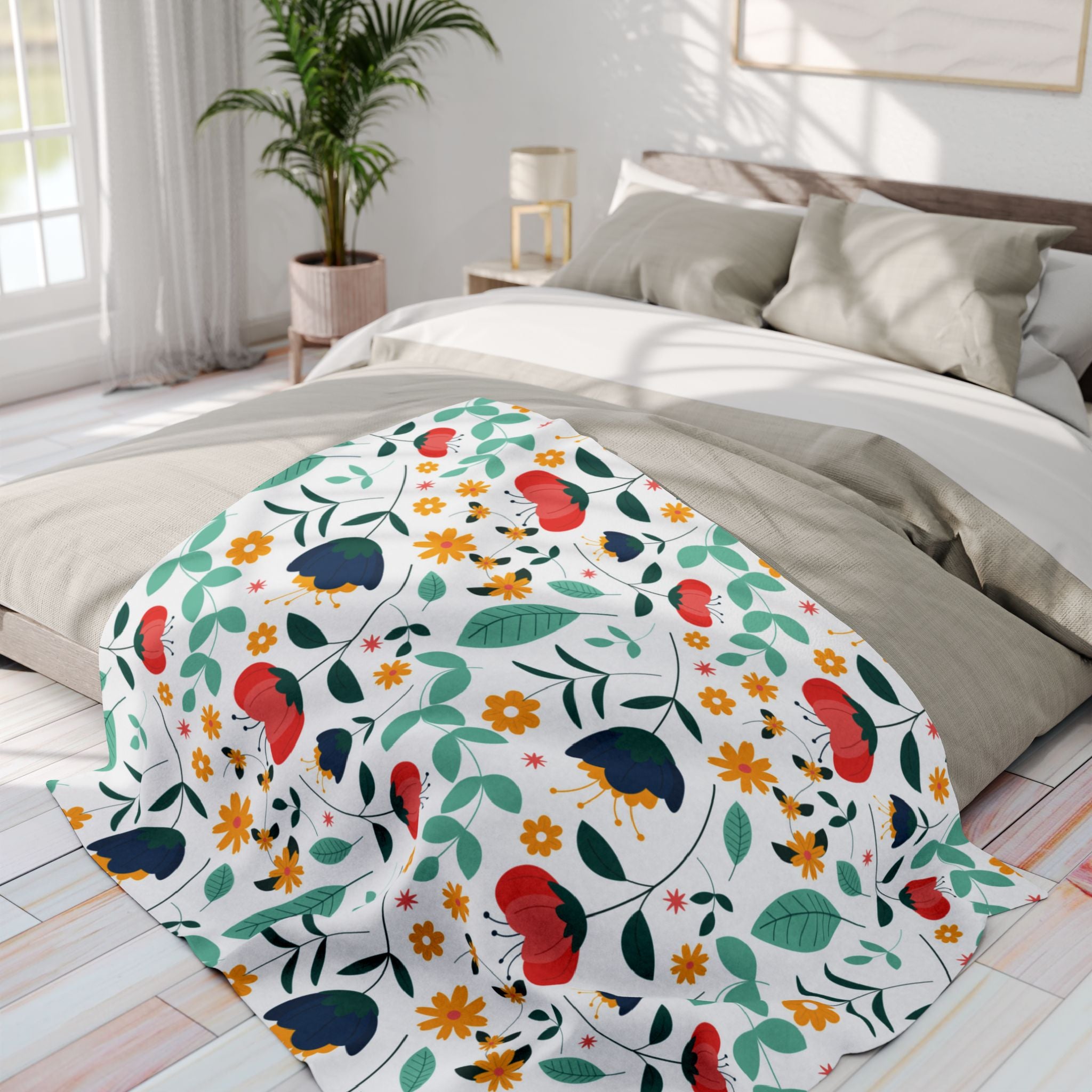 Floral Fleece Blanket — Colorful Retro Flower Pattern Cozy Throw